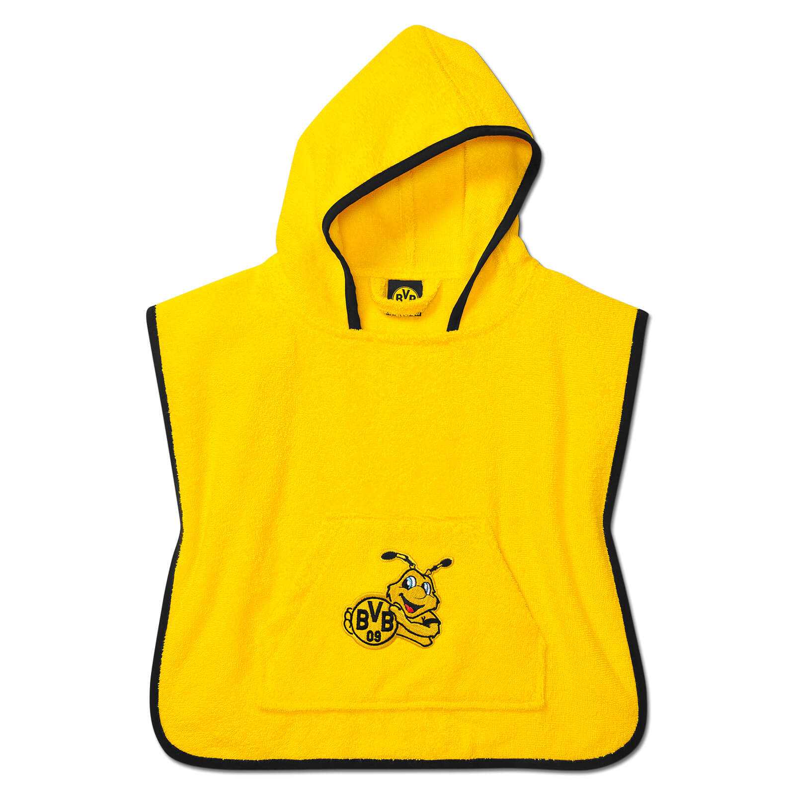 Vorderansicht des gelben BVB Badeponcho Emma 46 x 46 cm mit Kapuze und schwarzem Rand. Aufgesetzte Tasche mit EMMA-Design und BVB-Emblem.