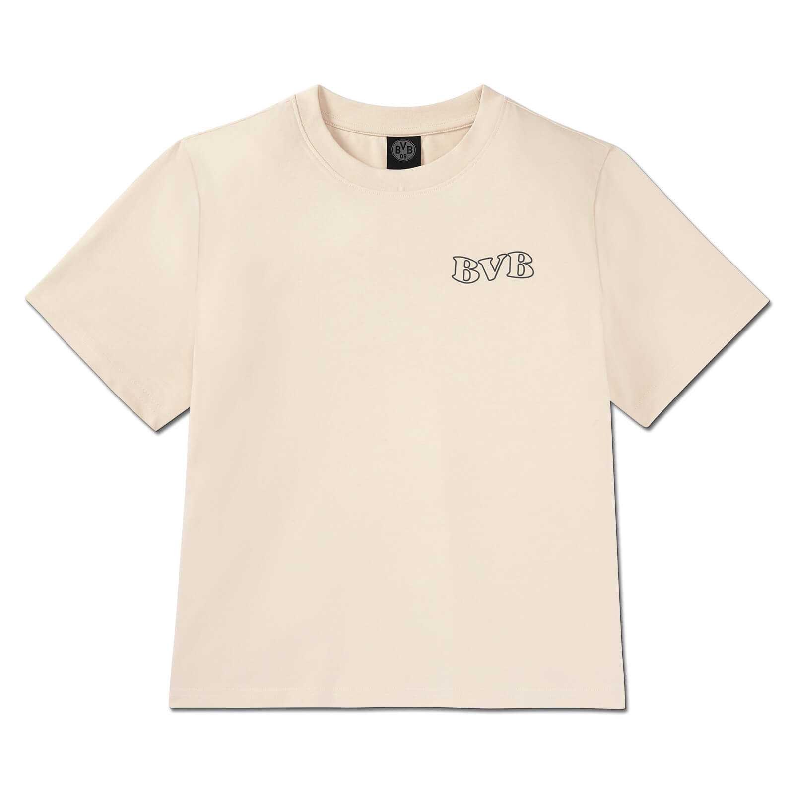 Vorderansicht des cremefarbenen BVB Drift T-Shirt Damen mit schwarzem BVB-Schriftzug auf der Brust und Rundhalsausschnitt.