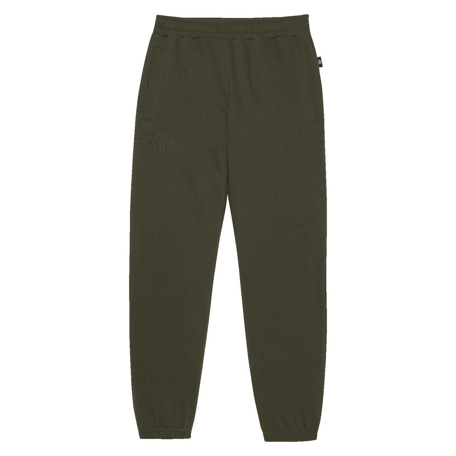 Vorderansicht der olivgrünen BVB Drift Pants Damen mit elastischem Bund und dezenter BVB 09-Stickerei auf dem linken Oberschenkel.