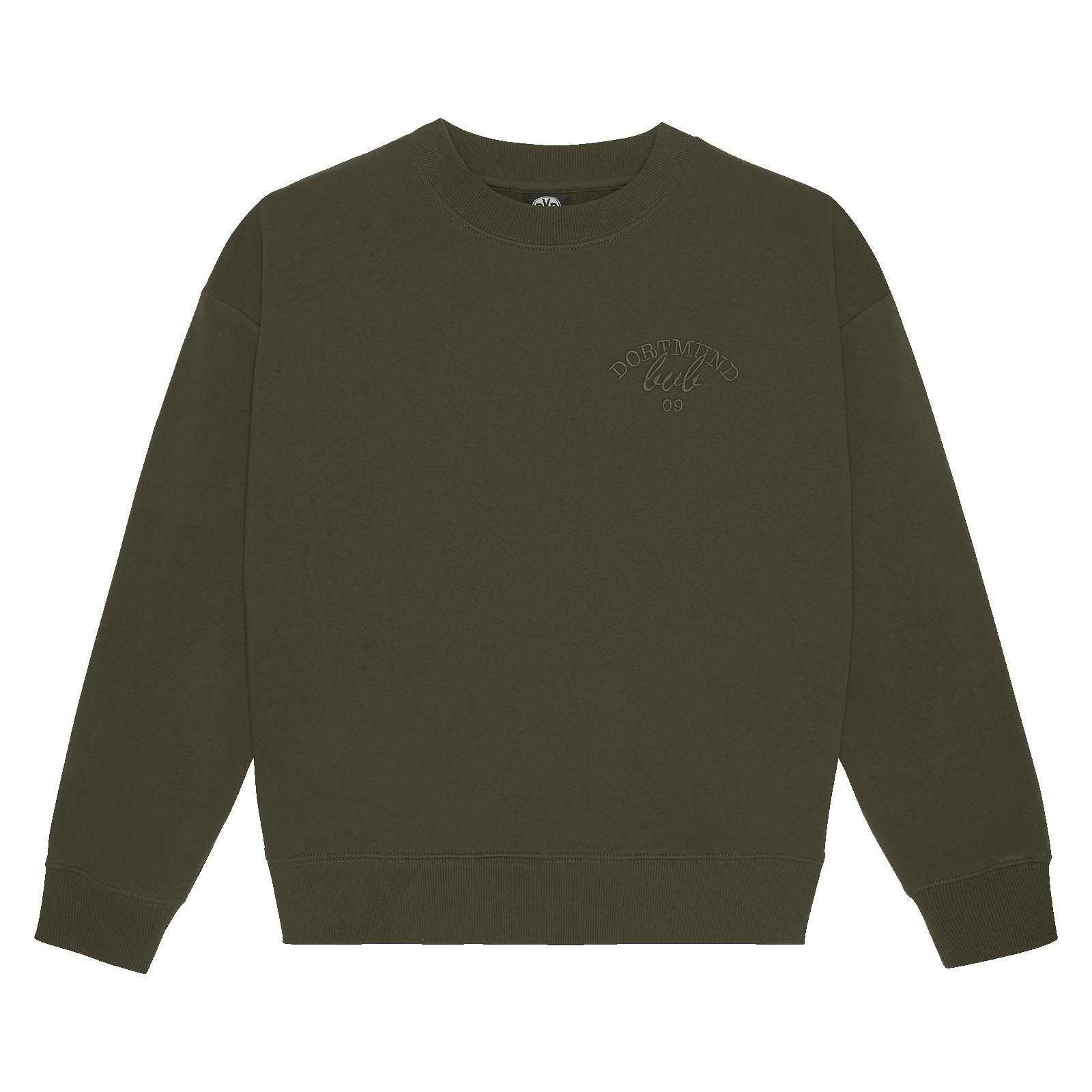 Vorderansicht des olivgrünen BVB Drift Crewneck Damen mit rundem Halsausschnitt und dezentem "Dortmund 09" Schriftzug auf der Brust.