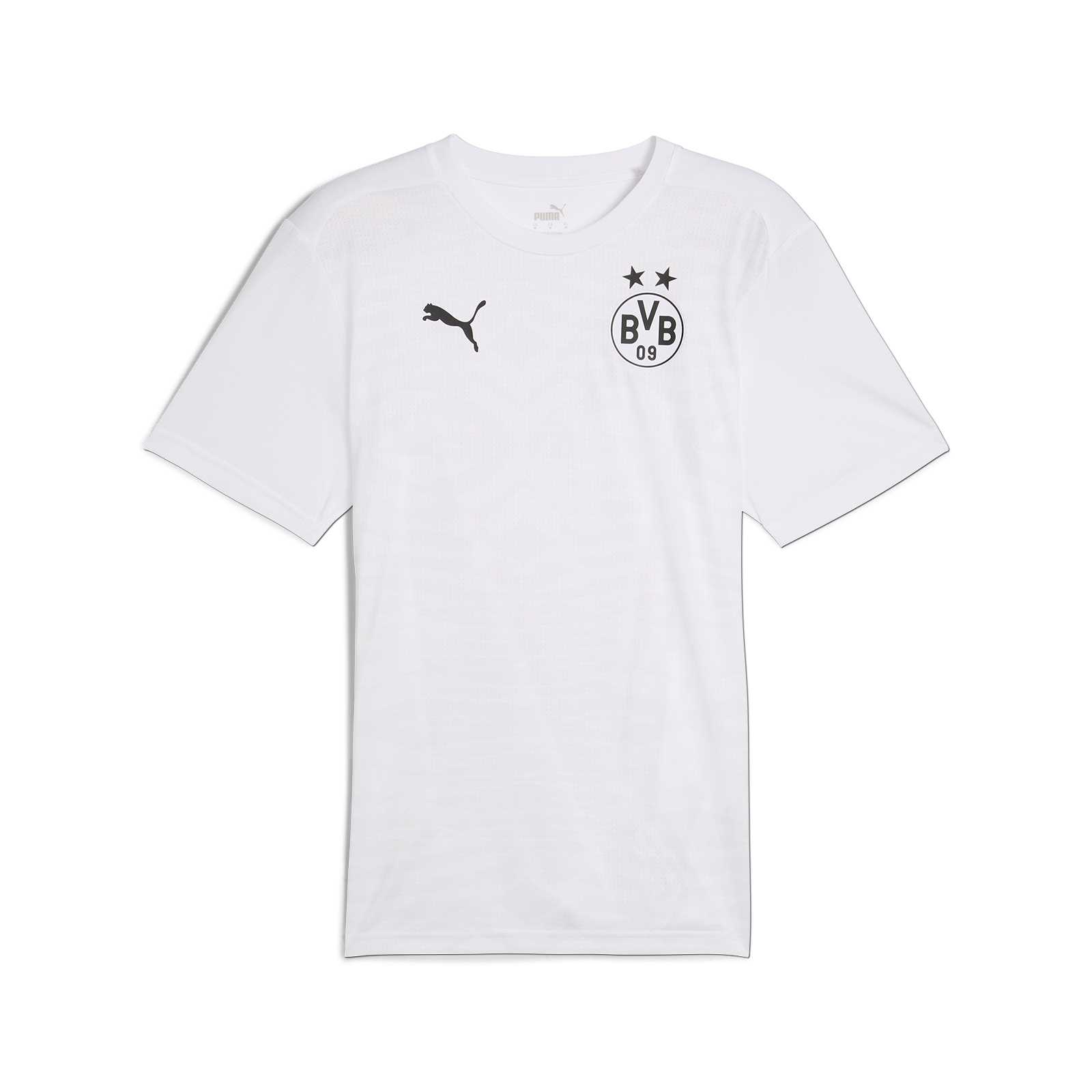Vorderansicht des weißen BVB Prematch Shirt Cup mit schwarzem Puma-Logo und BVB-Emblem auf der Brust.