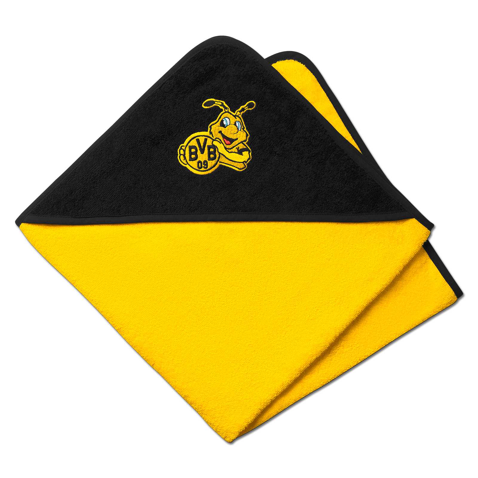 Vorderansicht des BVB Kapuzentuchs Emma 75 x 75 cm in schwarzgelb mit EMMA-Motiv und BVB-Emblem auf der schwarzen Kapuze.