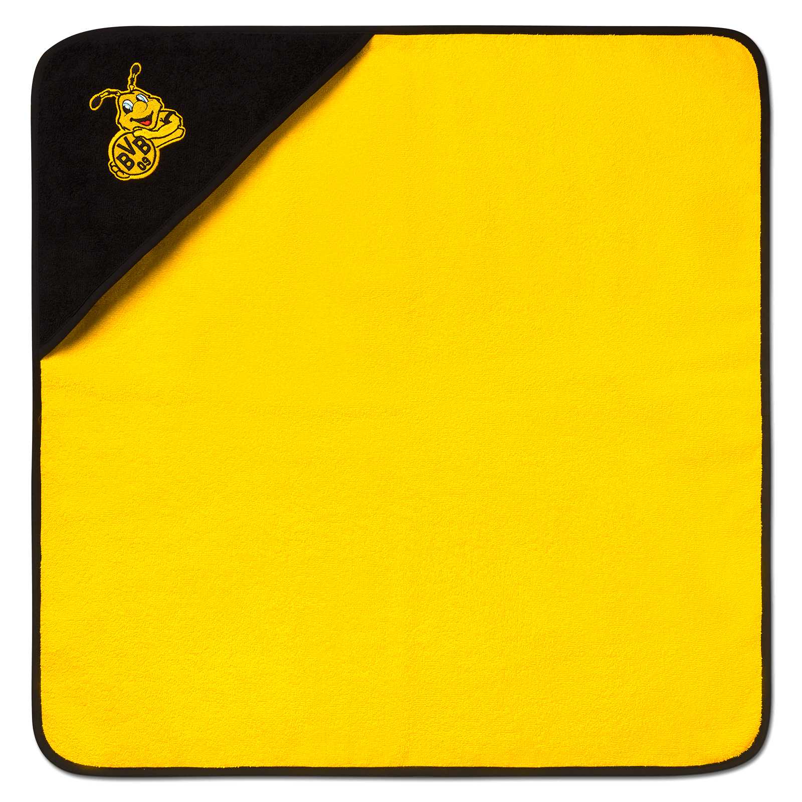 Frontalansicht des BVB Kapuzentuchs Emma 75 x 75 cm in schwarzgelb, mit aufgesticktem EMMA-Motiv und BVB-Emblem auf der schwarzen Kapuze.