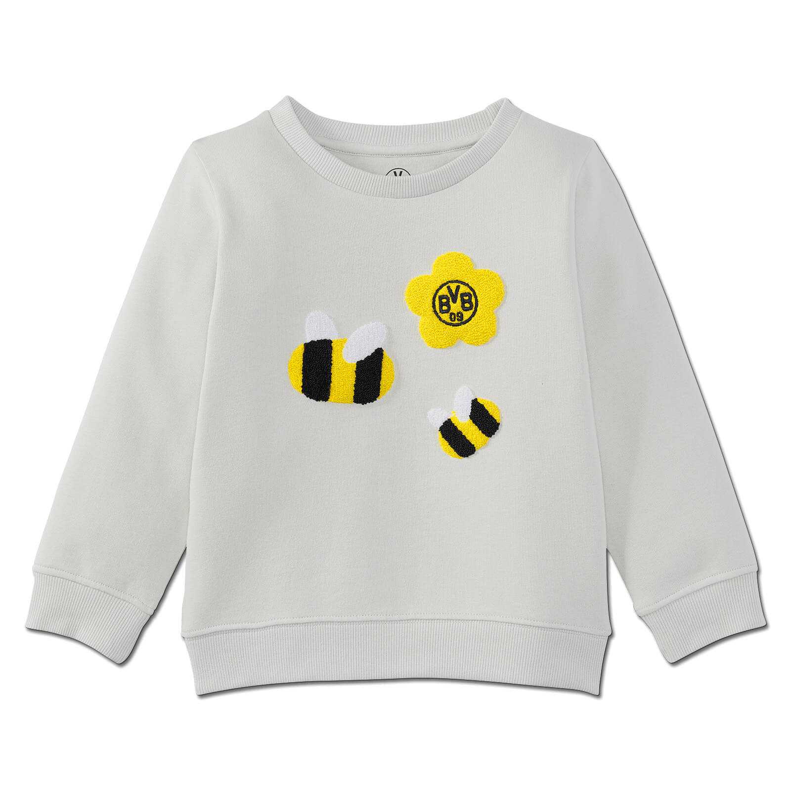 Vorderansicht des weißen BVB Bienen Sweater Baby mit gestickten schwarzgelben Bienen und einer gelben Blume mit BVB-Emblem auf der Brust.