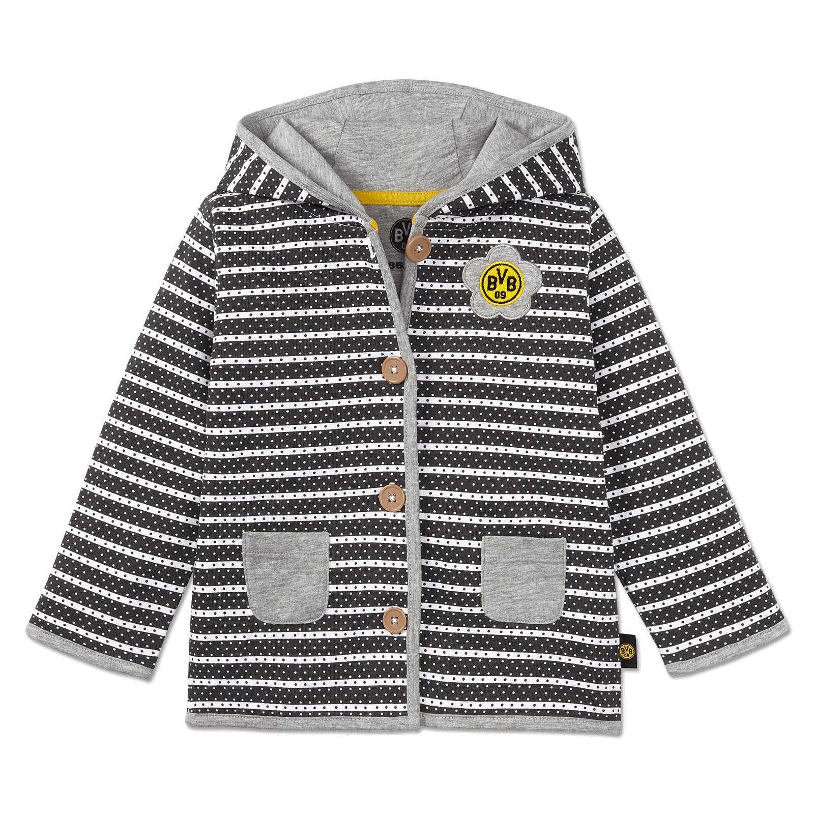 Vorderansicht der BVB Jacke (French Terry) Baby mit schwarzweißem Streifenmuster, grauer Kapuze und BVB-Emblem auf der Brust.