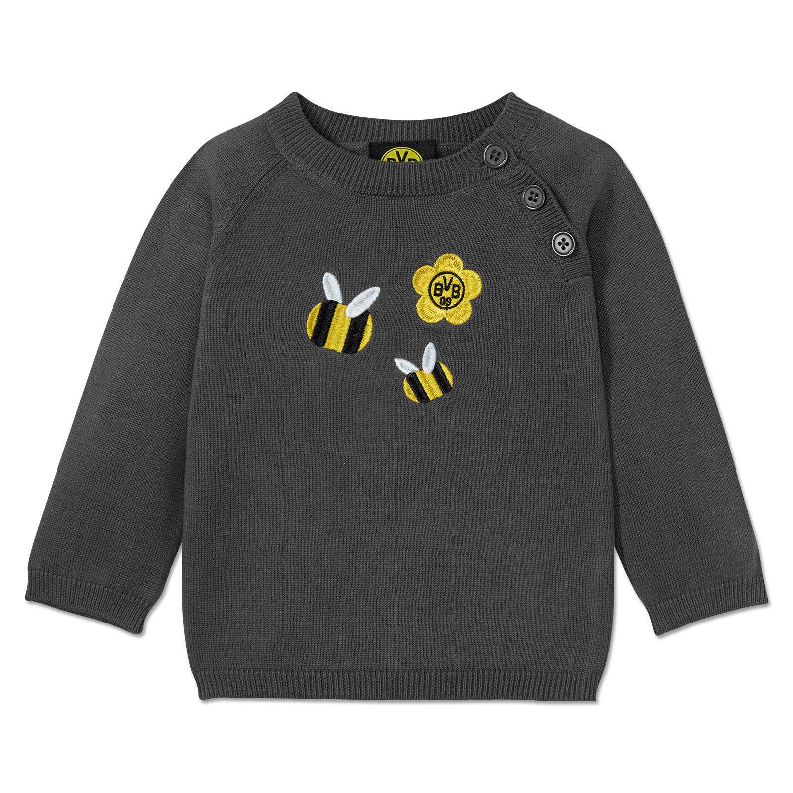 Vorderansicht des grauen BVB Strickpullover Baby mit gestickten Bienen und einer gelben Blume inklusive BVB-Emblem auf der Brust.