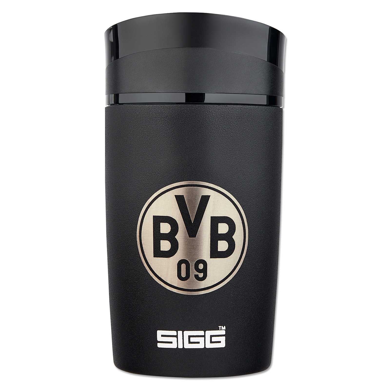 Frontalansicht des schwarzen BVB SIGG Kaffeebechers to go 0,27l mit silbernem BVB-Emblem und SIGG-Logo auf der Vorderseite.