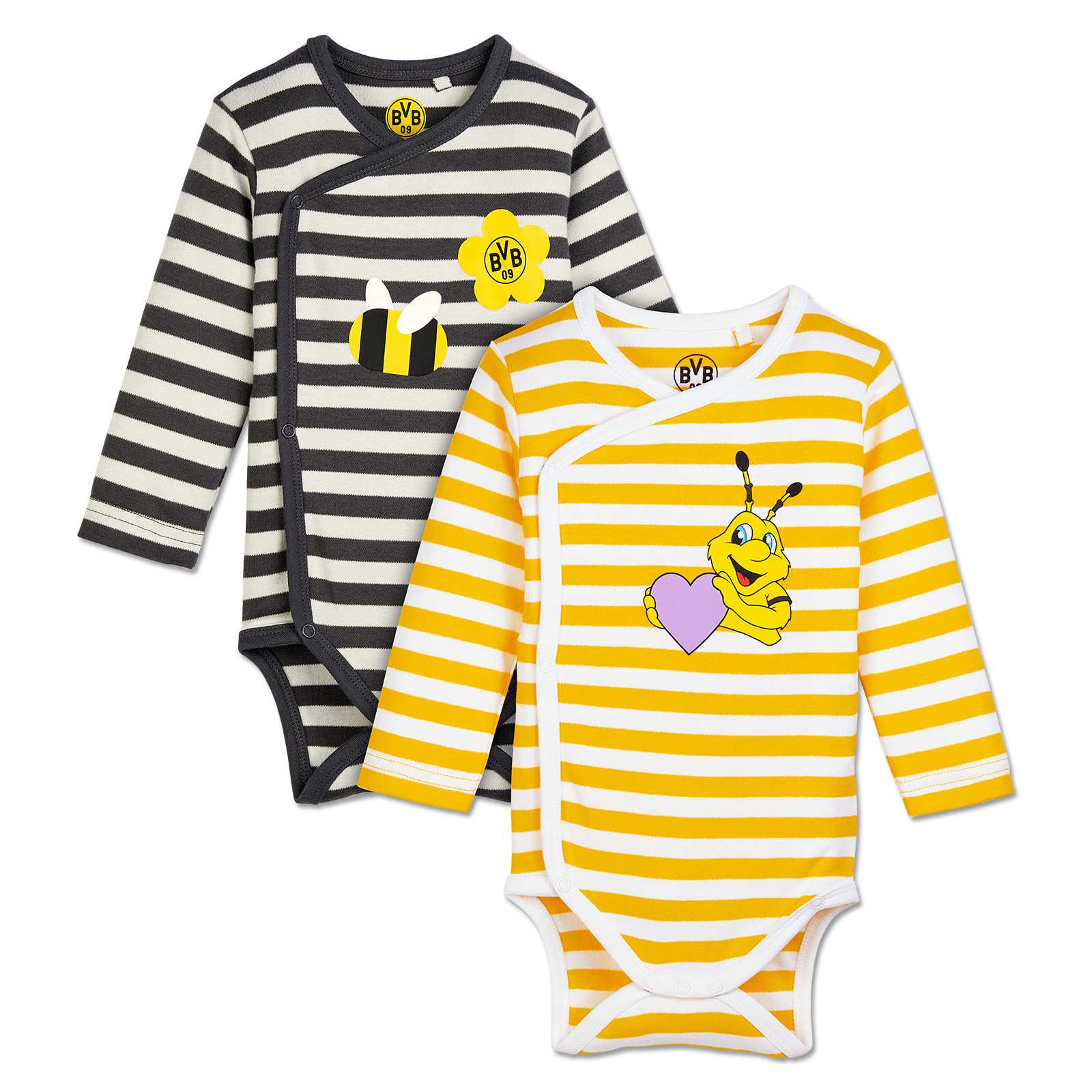 Vorderansicht des BVB Body-Set Baby mit zwei langärmligen, gestreiften Bodys in schwarzgelb und grau, jeweils mit BVB-Emblem und EMMA-Motiv.