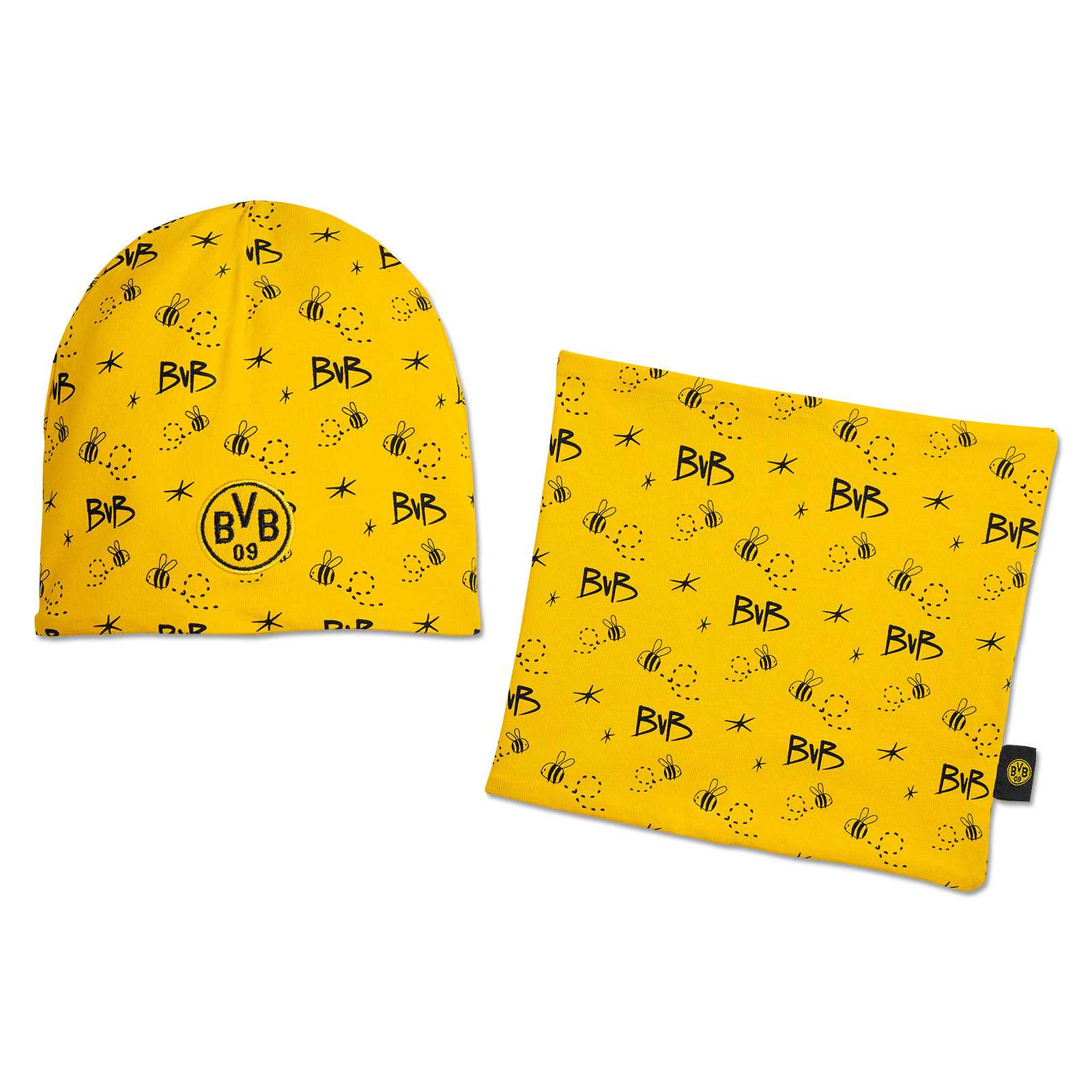 Vorderansicht des gelben BVB Mütze-Schal-Set Baby mit schwarzgelben BVB-Emblemen, Bienen und Schriftzügen, beide Teile mit Allover-Muster.