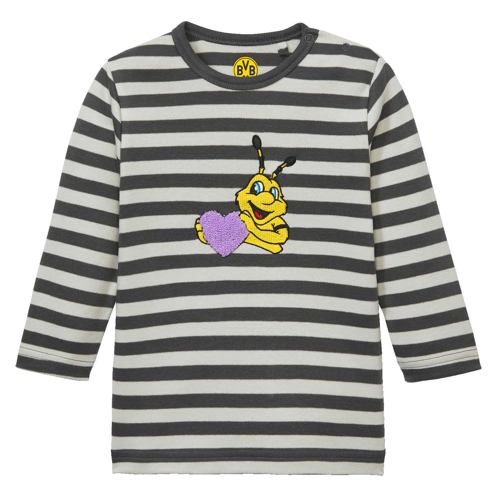 Vorderansicht des BVB Longsleeve Baby mit grau-weißen Streifen und aufgesticktem EMMA-Motiv, das ein lilafarbenes Herz hält. Sichtbares BVB-Emblem am Kragen.