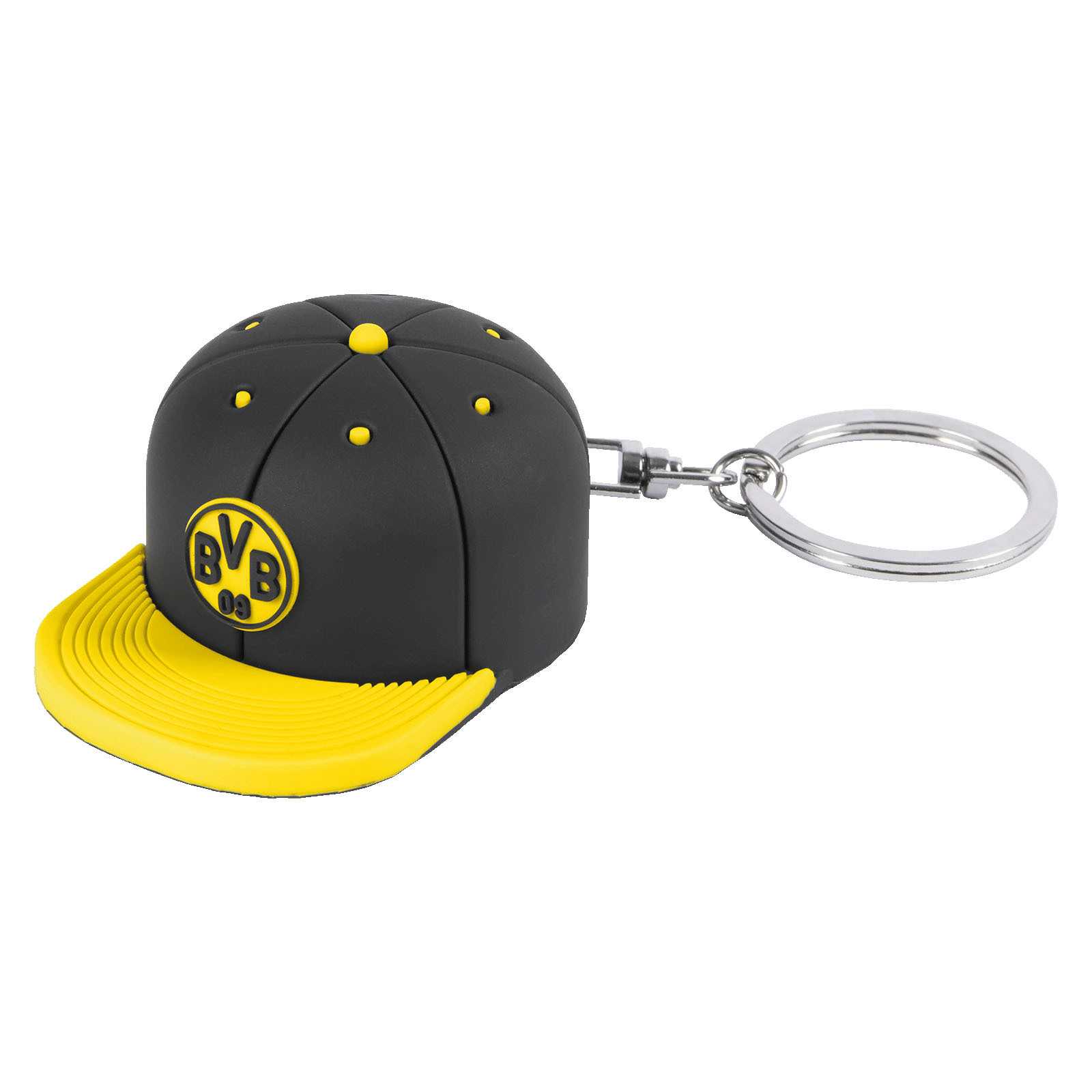Vorderansicht des schwarzgelben BVB Schlüsselanhänger Kappe mit Flaschenöffner, vorn mit BVB-Emblem auf der Kappenfront.