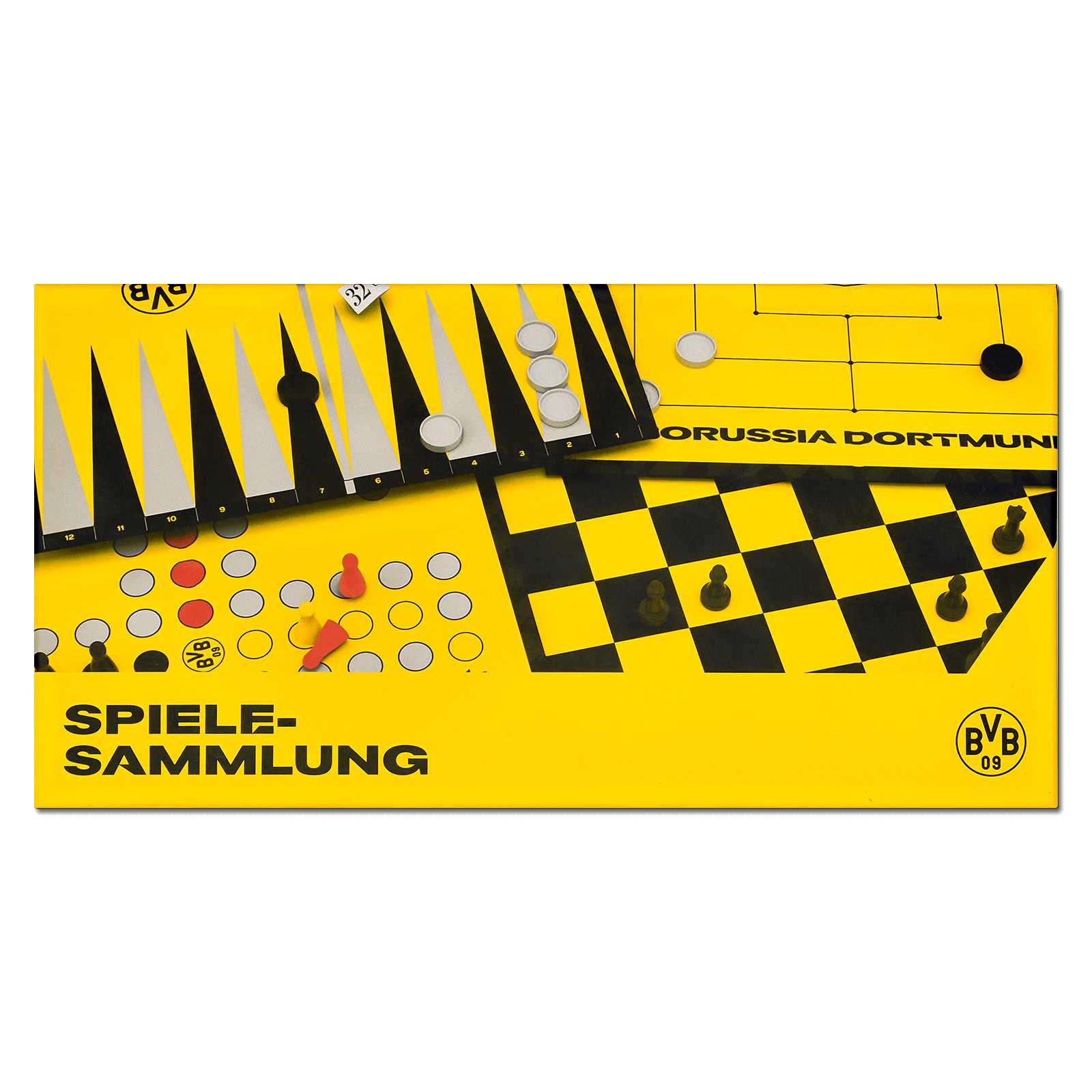Vorderansicht der BVB Spielesammlung mit verschiedenen Brettspielen auf schwarzgelbem Hintergrund und sichtbarem BVB-Emblem.