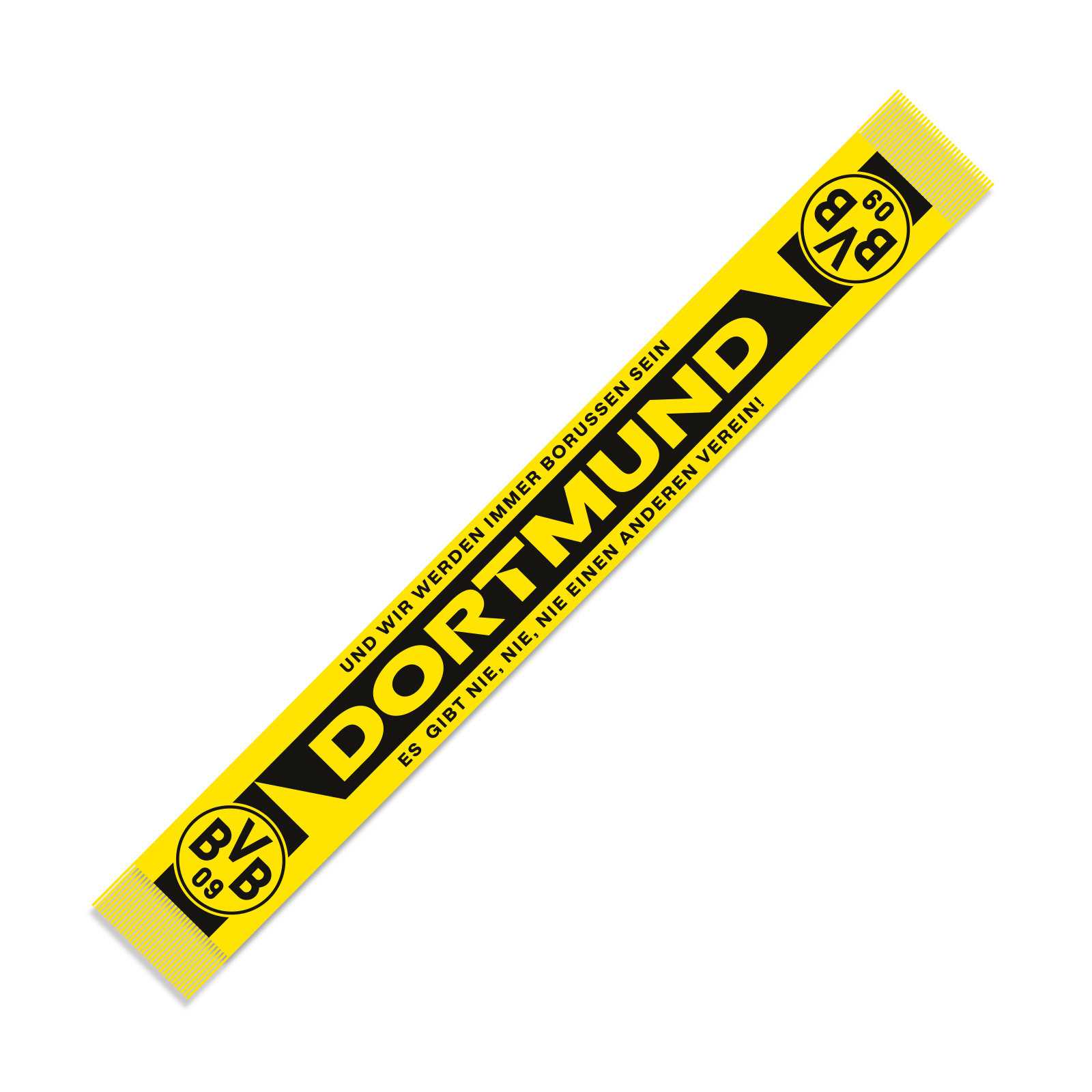 Frontalansicht des BVB Schals „Wir werden immer Borussen sein“ in schwarzgelb mit großem BVB-Emblem und Schriftzug „Dortmund“.