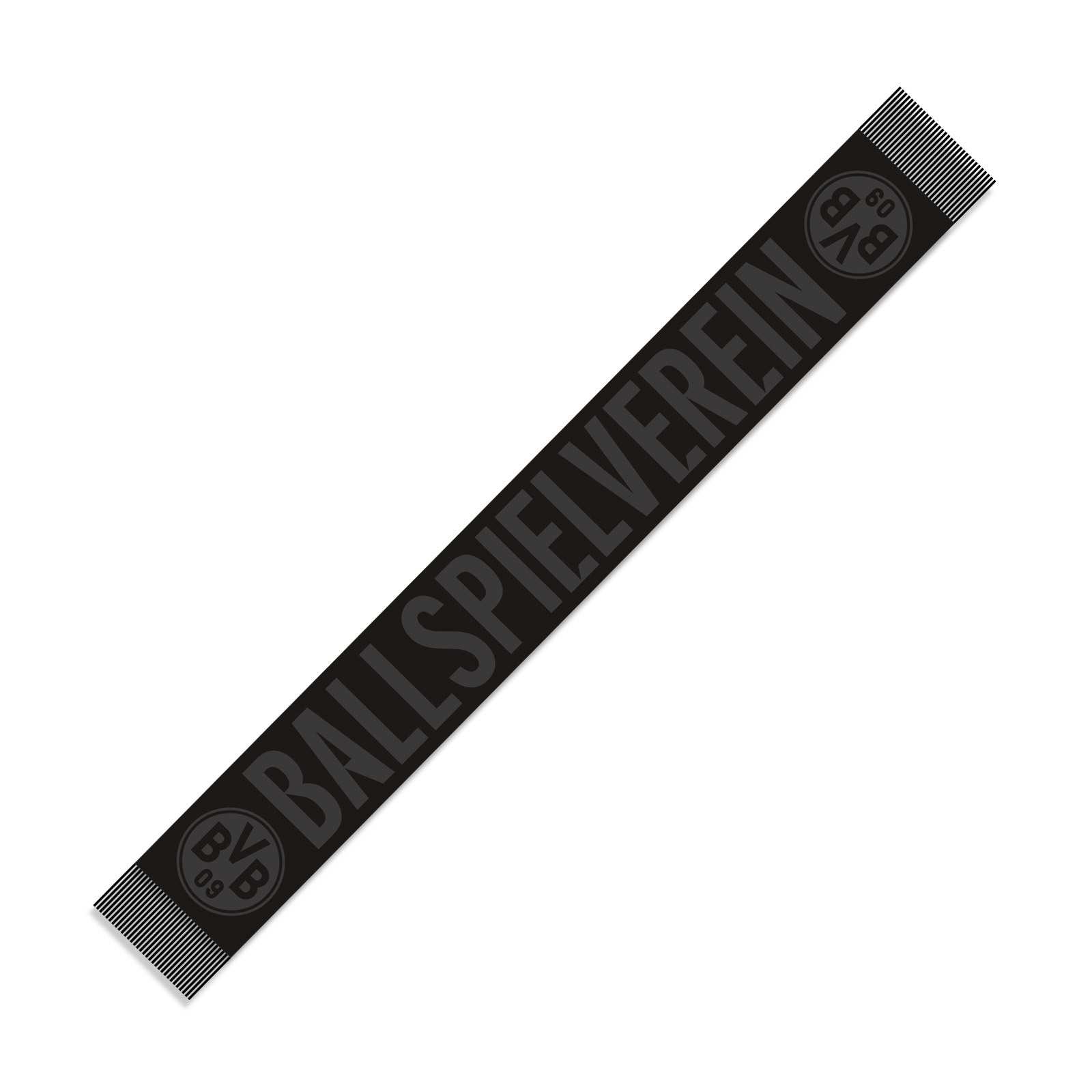 Frontalansicht des BVB Schal schwarz 2024 mit dezentem schwarzen Design, großem "BALLSPIELVEREIN"-Schriftzug und BVB-Emblem an beiden Enden.