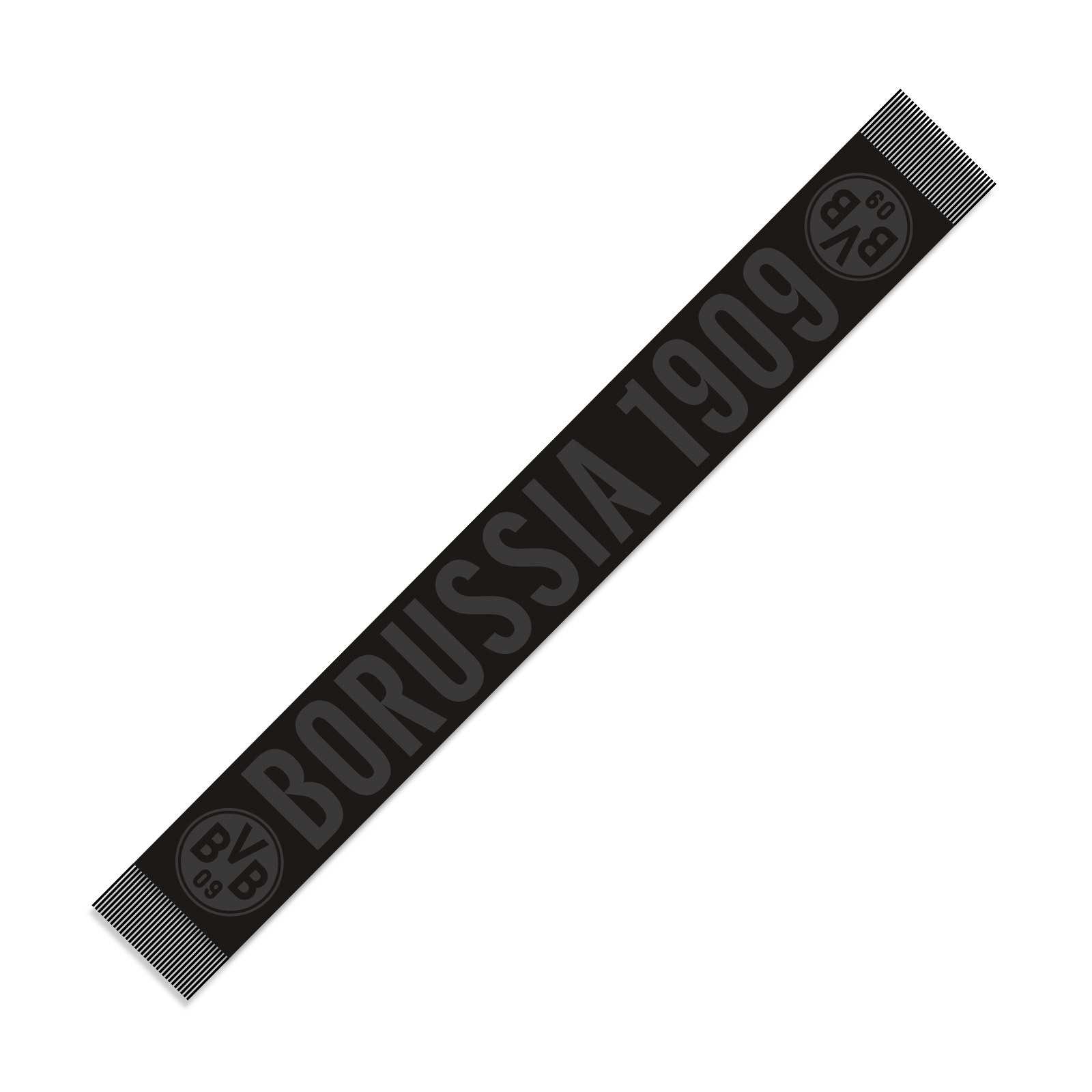 Frontalansicht des BVB Schals schwarz 2024 mit BVB-Emblem an den Enden und großem "BORUSSIA 1909" Schriftzug auf schwarzem Grund.