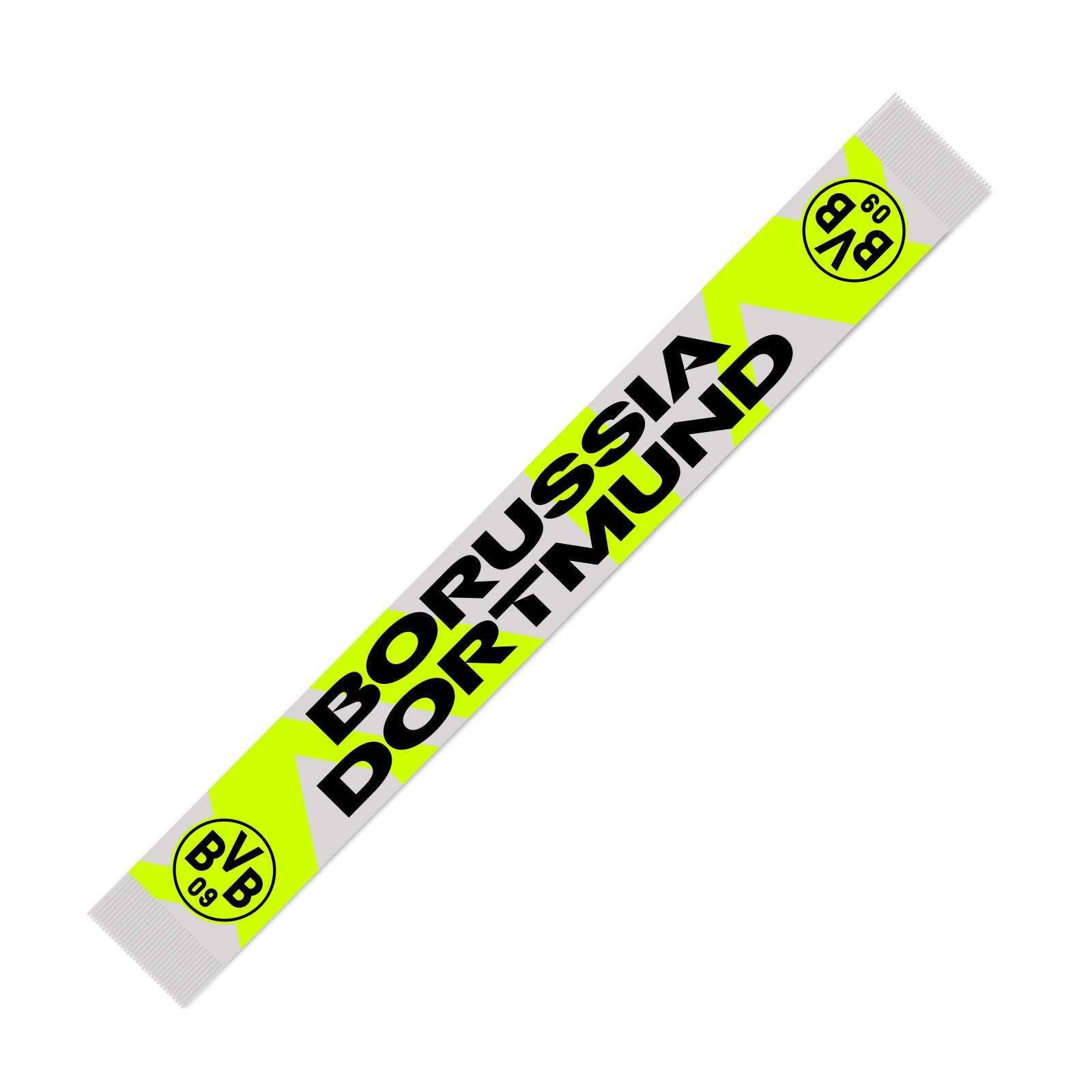 Frontalansicht des BVB Schal Neon mit schwarzgelbem Design, großem „Borussia Dortmund“-Schriftzug und zwei sichtbaren BVB-Emblemen an den Enden.