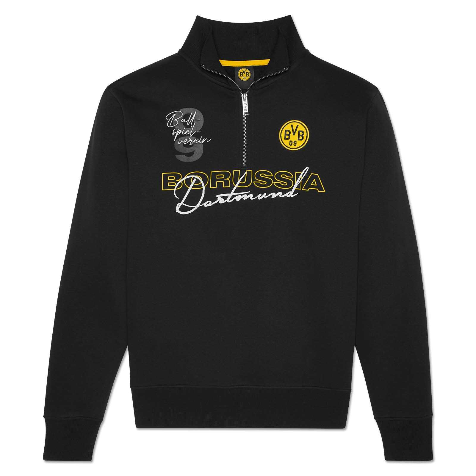 Vorderansicht des schwarzgelben BVB Elements Zip-Sweaters mit BVB-Emblem und Borussia Dortmund Schriftzug, Reißverschluss und Badspielverein-Gravur.