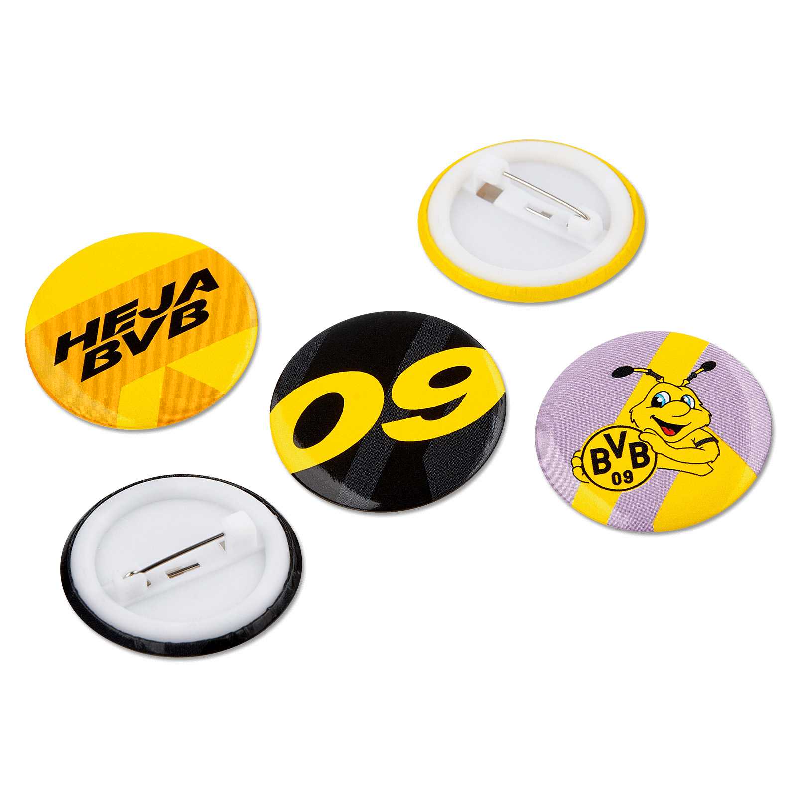 Vorderansicht des BVB Ansteckbutton (5er Set) mit verschiedenen schwarzgelben Designs, darunter HEJA BVB, 09 und EMMA mit BVB-Emblem. Zwei Buttons mit Rückseite sichtbar.