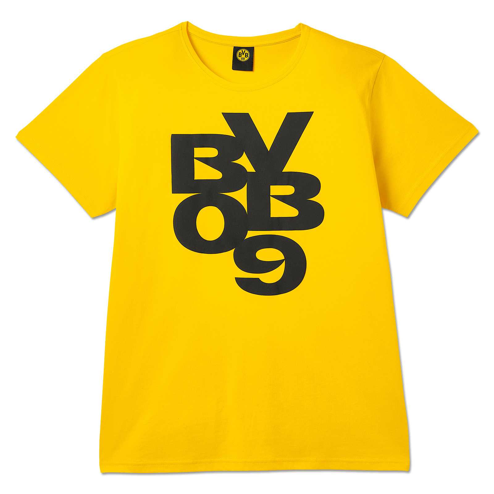 Vorderansicht des gelben BVB Base T-Shirts mit großem, schwarzen BVB 09 Schriftzug und BVB-Emblem am Kragen.