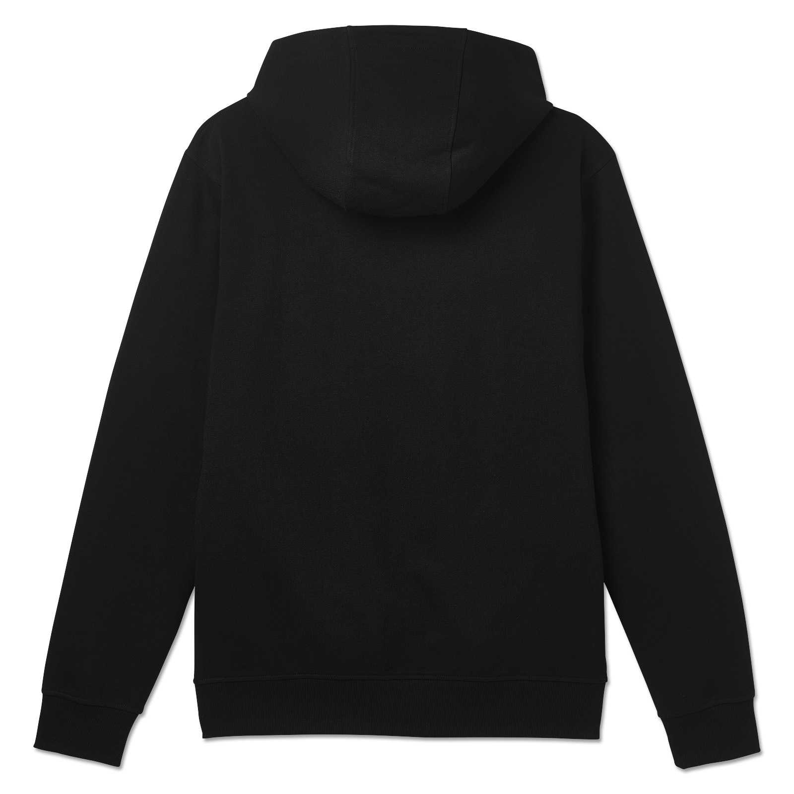 Rückansicht des BVB Base Hoodie schwarz mit schlichter Kapuze und langen Ärmeln, ohne sichtbarem BVB-Emblem oder Verzierungen.