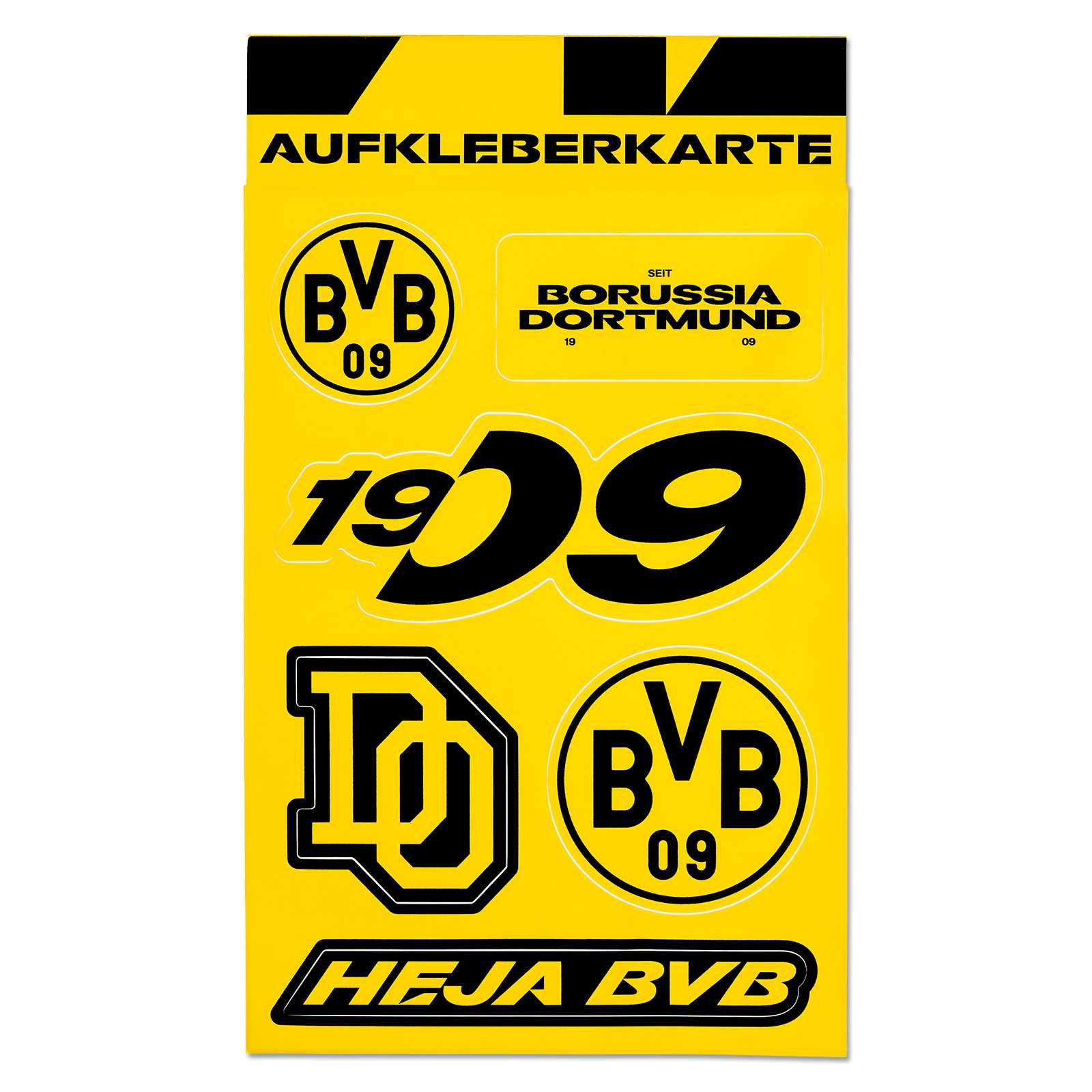 Vorderansicht der BVB Aufkleberkarte Heja BVB in schwarzgelb mit mehreren BVB-Emblemen, Heja BVB-Schriftzug und grafischen Akzenten.