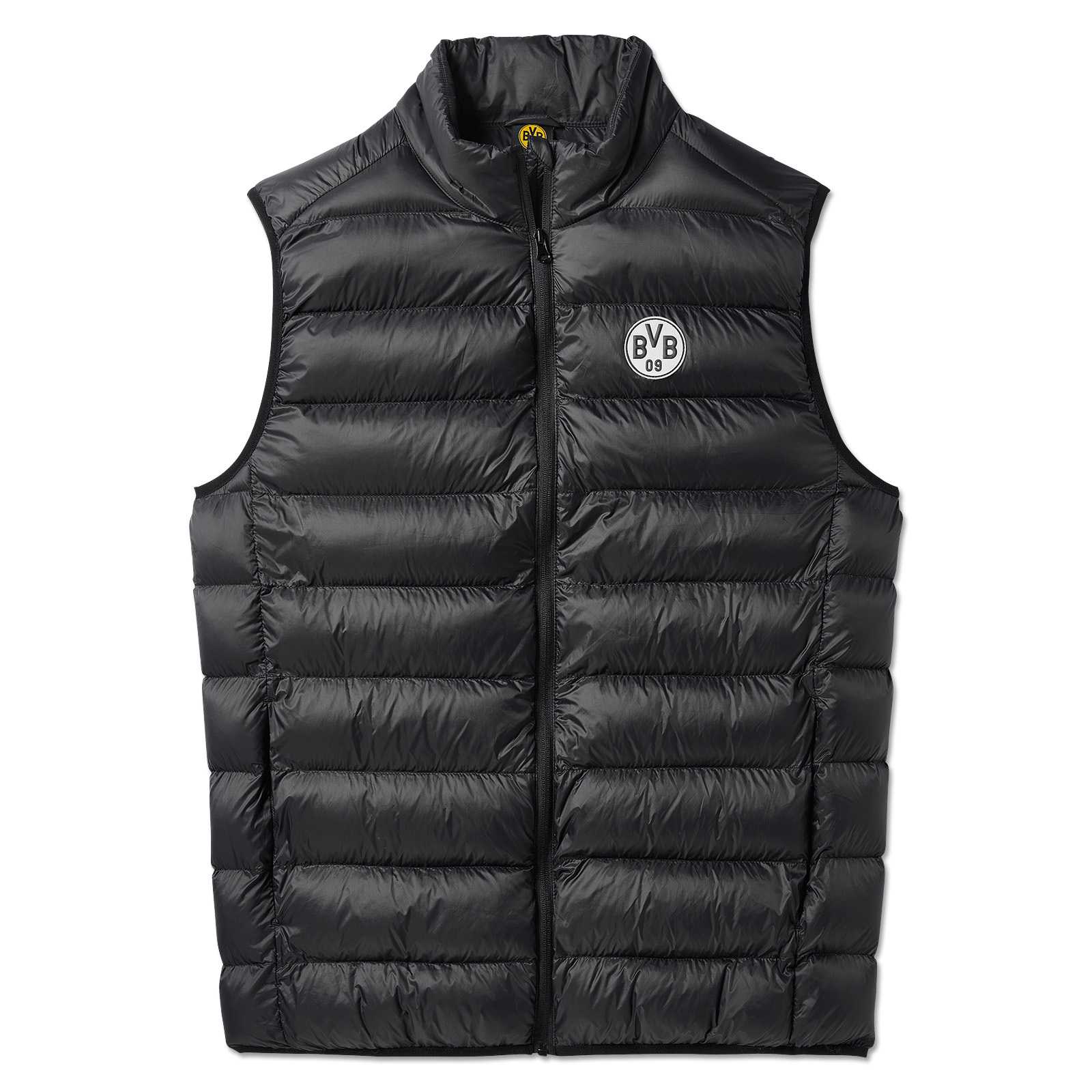 Vorderansicht der schwarzen BVB Padded Weste mit sichtbarem BVB-Emblem auf der linken Brust und Steppdesign.