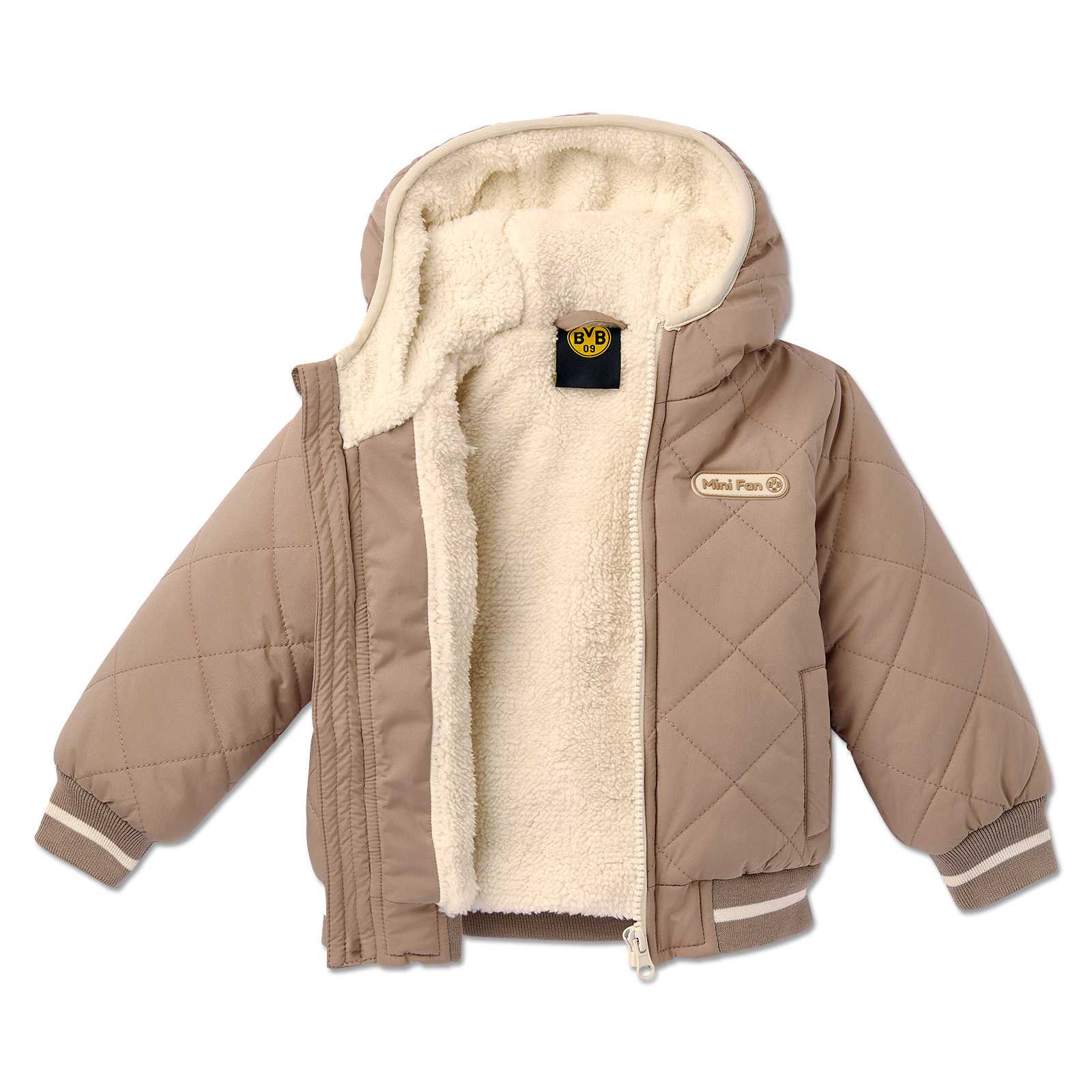 Vorderansicht der BVB Winterjacke Baby in Beige mit Kapuze, Steppnähten, weichem Futter und sichtbarem BVB-Emblem am Innenkragen.