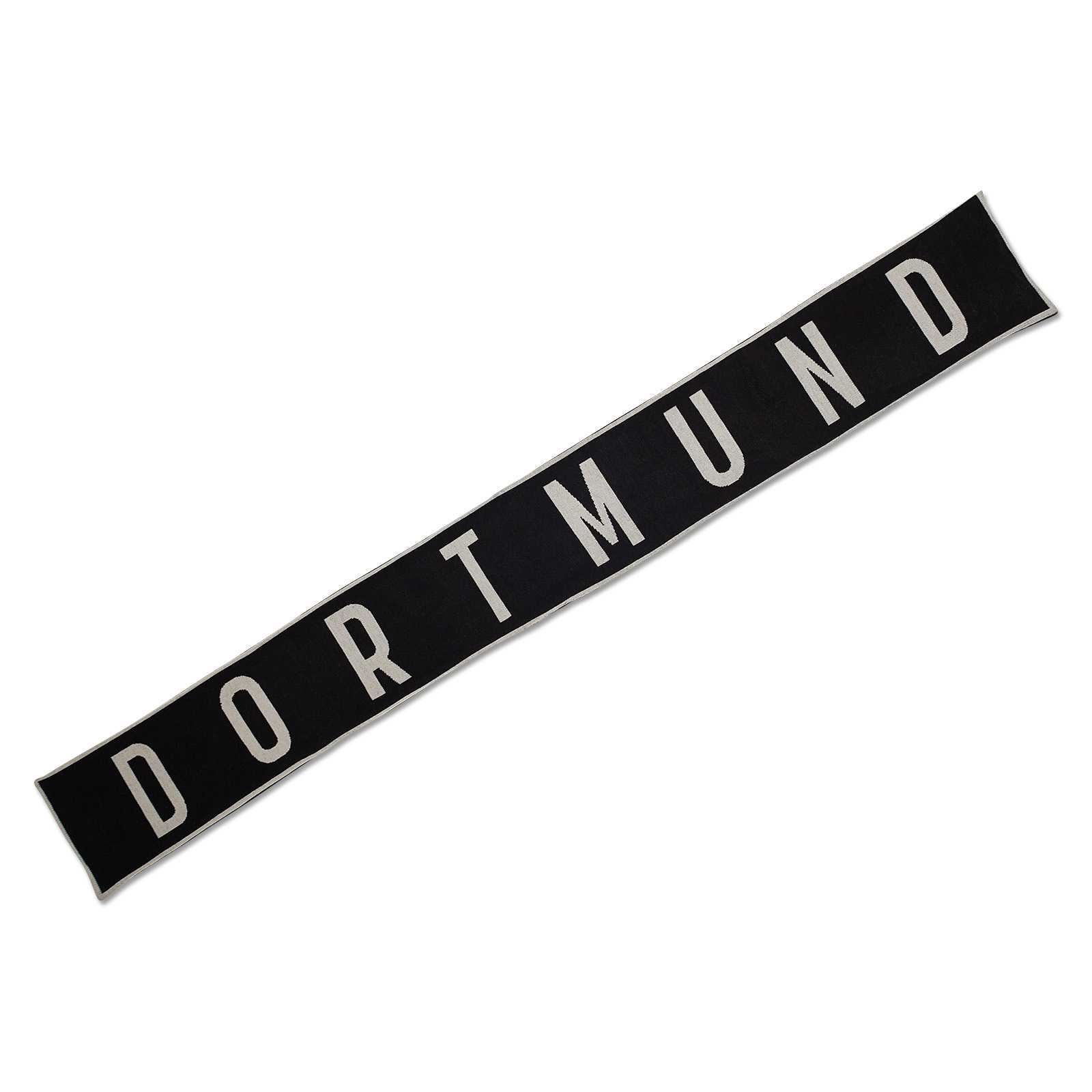 Frontale Ansicht des schwarzgelben BVB Schal Iconic Frauen mit großem, weißen "DORTMUND"-Schriftzug auf schwarzem Hintergrund.