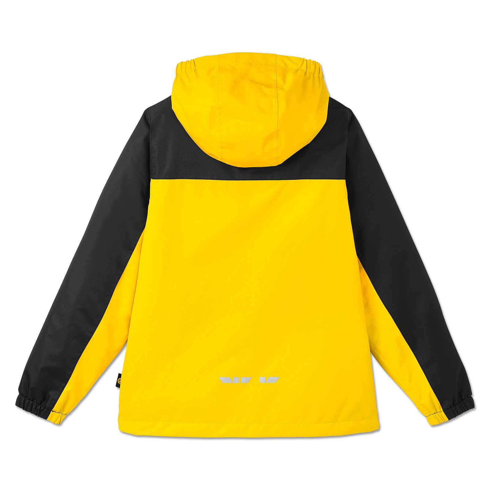 Rückansicht der BVB Regenjacke Kinder in schwarzgelb mit Kapuze und reflektierenden Elementen am Saum. Das BVB-Emblem ist hier nicht sichtbar.