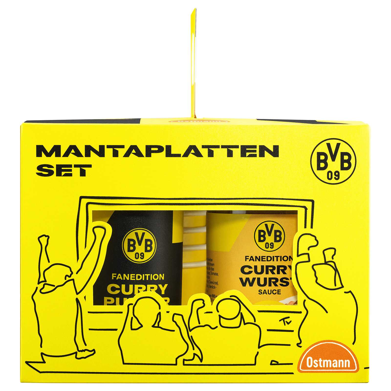Vorderansicht des BVB Manta-Platte-Set in gelber Verpackung mit BVB-Emblem und Sichtfenster auf die Curry-Pulver- und Currysauce-Fanedition von Ostmann.