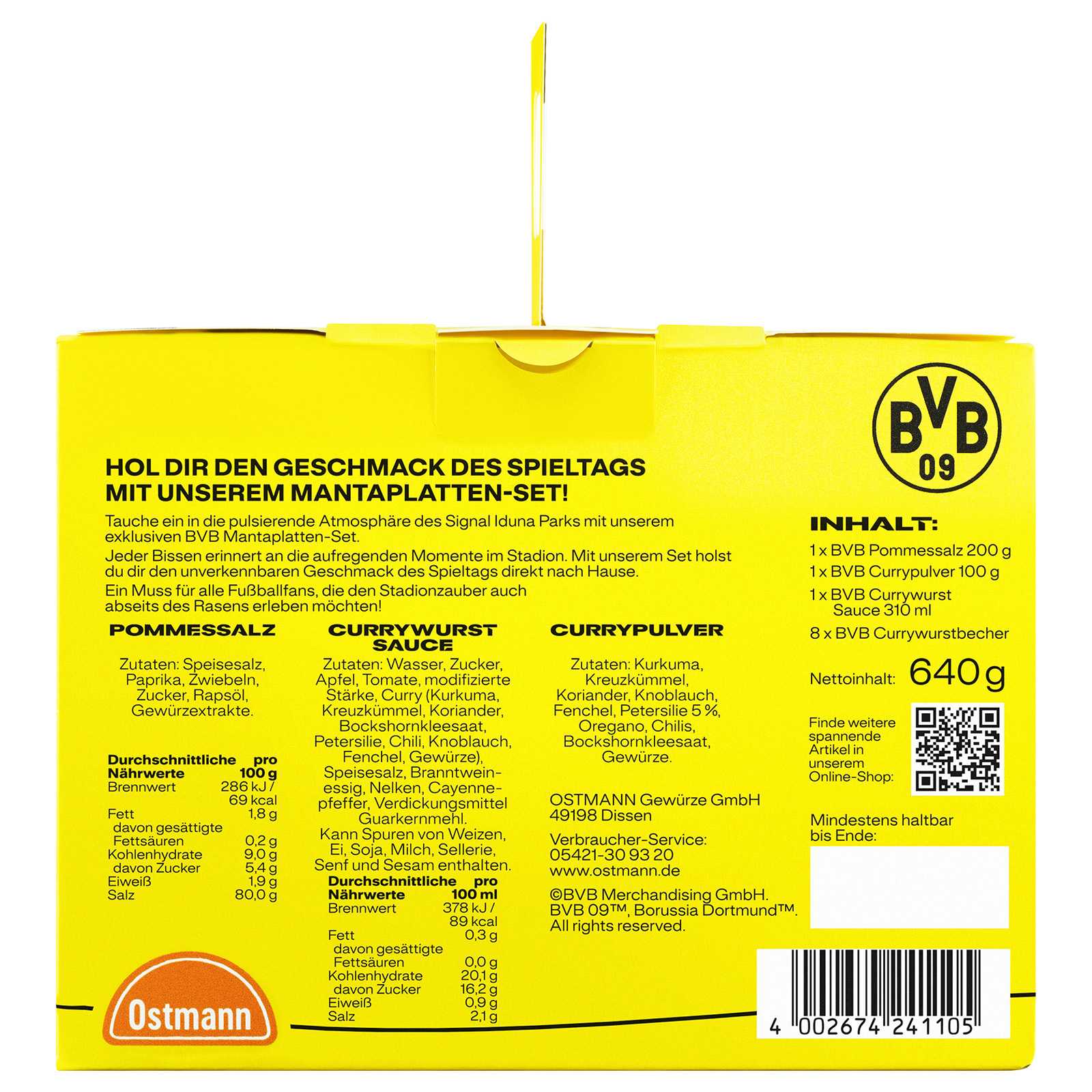 Rückansicht des gelben BVB Manta-Platte-Set mit schwarzgelbem BVB-Emblem und Inhaltsangaben, inklusive Ostmann-Logo und SIGNAL IDUNA PARK Hinweis.