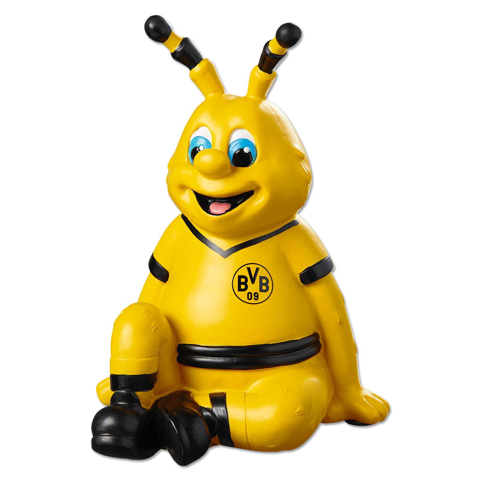Frontalansicht der BVB Spardose EMMA in schwarzgelb, sitzend mit großem Lächeln und sichtbarem BVB-Emblem auf der Brust.