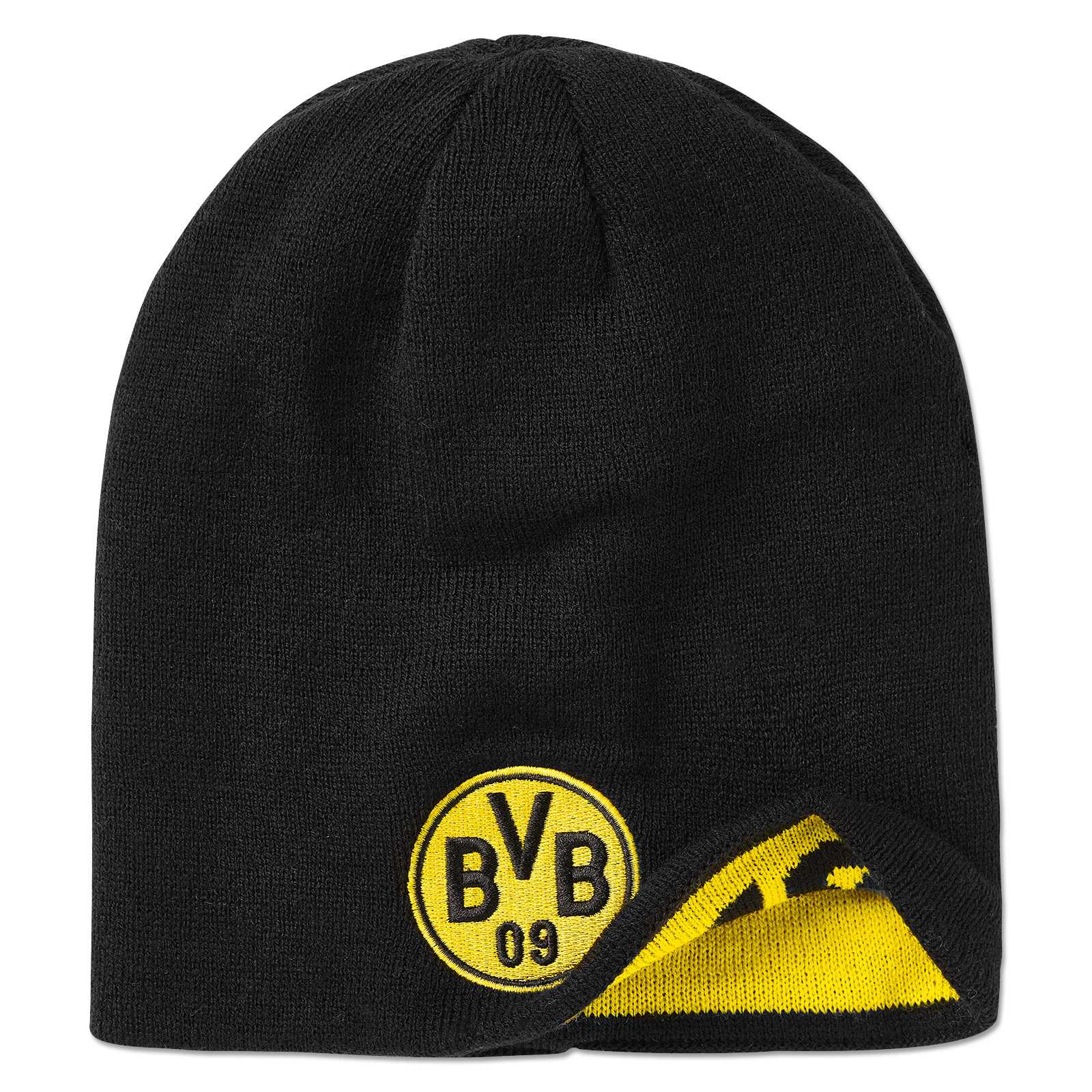 Vorderansicht der schwarzgelben BVB Logo Beanie wendbar für Kinder mit sichtbarem BVB-Emblem und gelber Innenseite im Detail.
