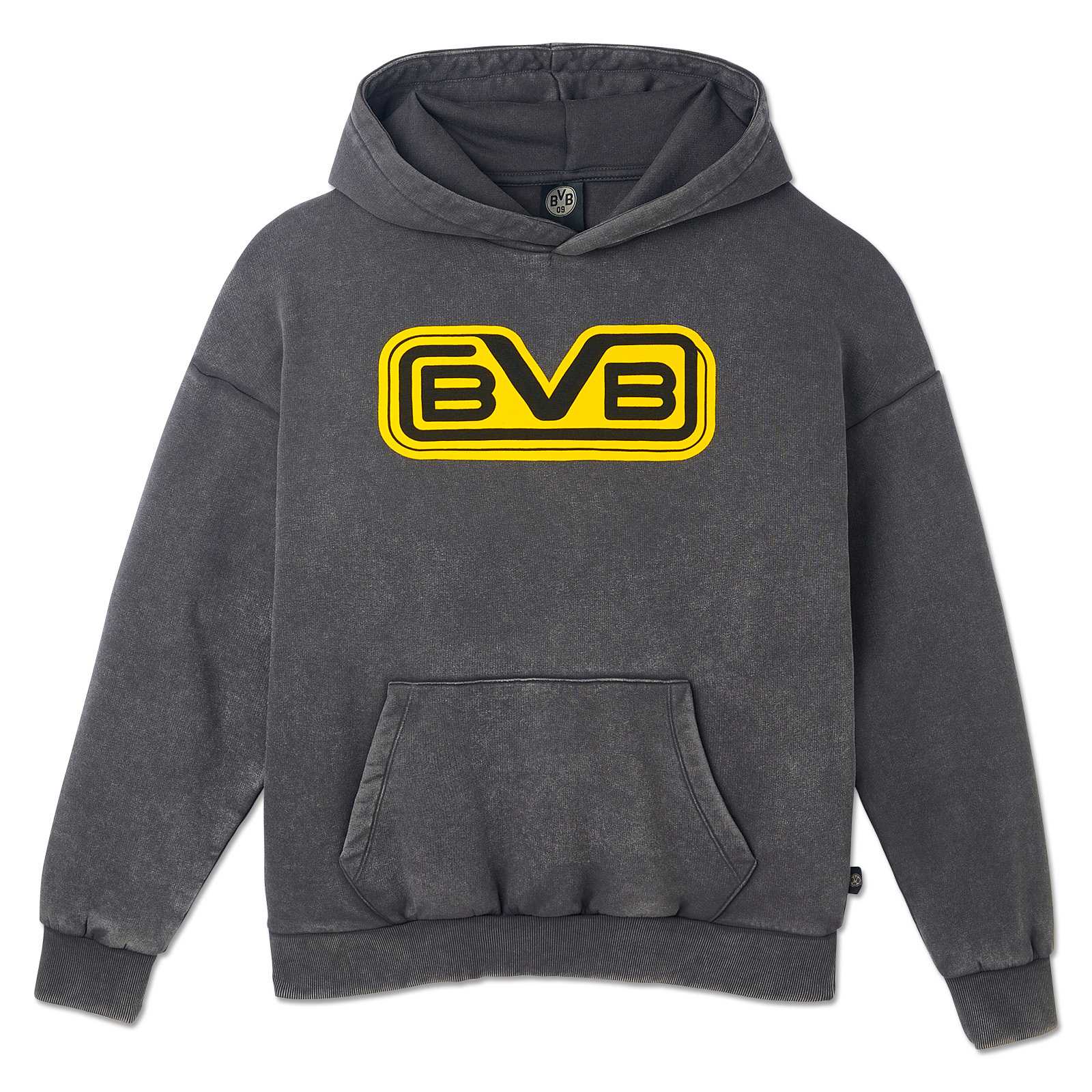 Vorderansicht des grauen BVB Retro Hoodie mit großem gelb-schwarzem BVB-Logo mittig auf der Brust und Kängurutasche.