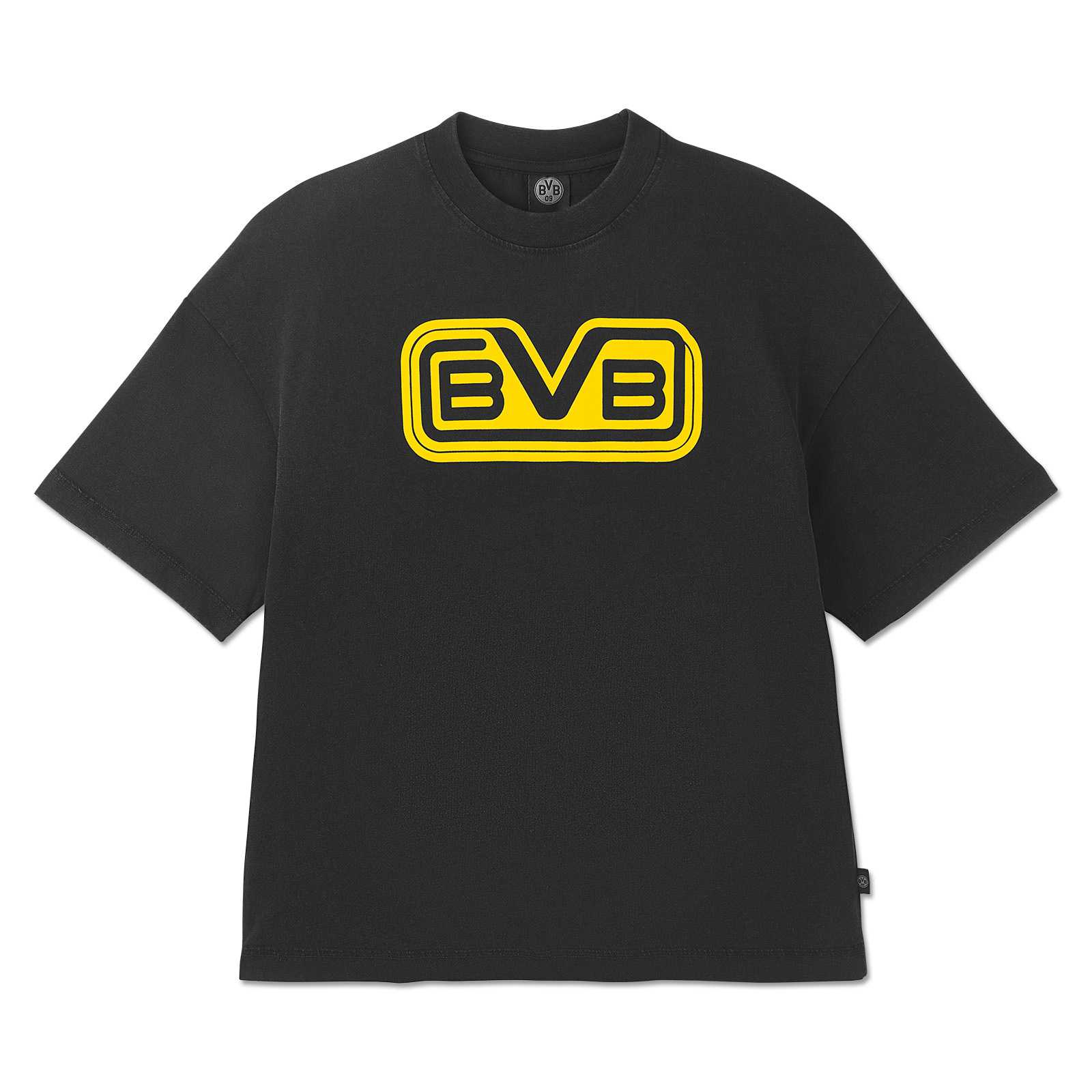 Vorderansicht des BVB Retro T-Shirts schwarz mit großem gelbem BVB-Emblem in Retro-Optik auf der Brust.