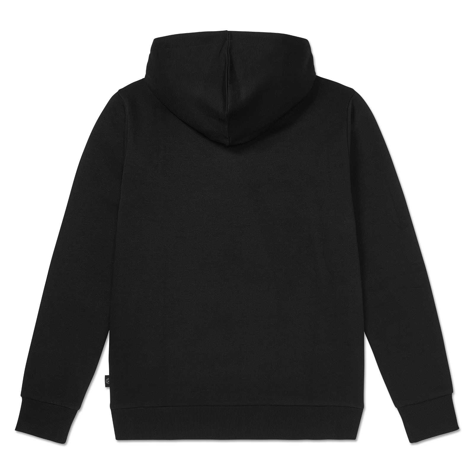 Rückansicht des BVB Matchday Hoodie schwarz ohne sichtbare Logos oder Verzierungen, klassische Kapuze und Bündchen an Ärmeln und Saum.