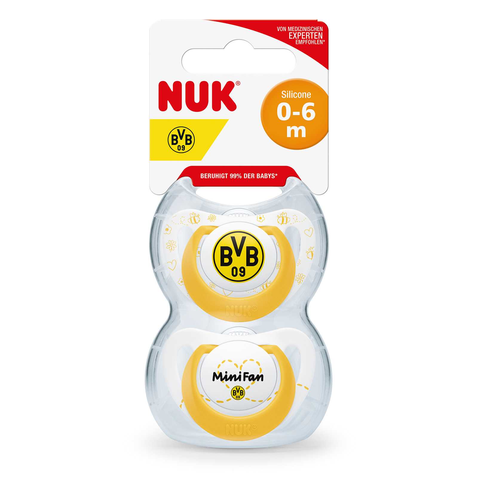 Vorderansicht des BVB-Schnullersets NUK Star für Babys, zwei Schnuller in schwarzgelb mit BVB-Emblem und "MiniFan"-Aufdruck in transparenter Verpackung.