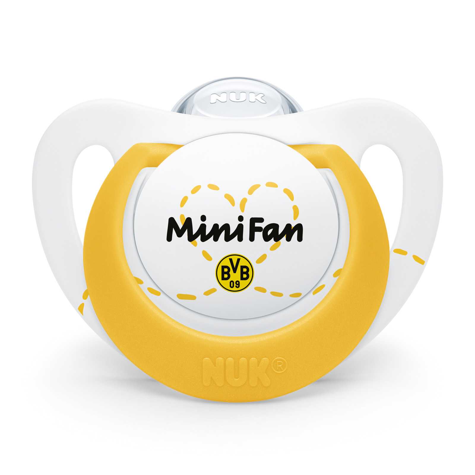 Vorderansicht des BVB-Schnullersets NUK Star in weiß-gelb mit Aufschrift „Mini Fan“ und mittigem BVB-Emblem, NUK-Logo am Griff sichtbar.