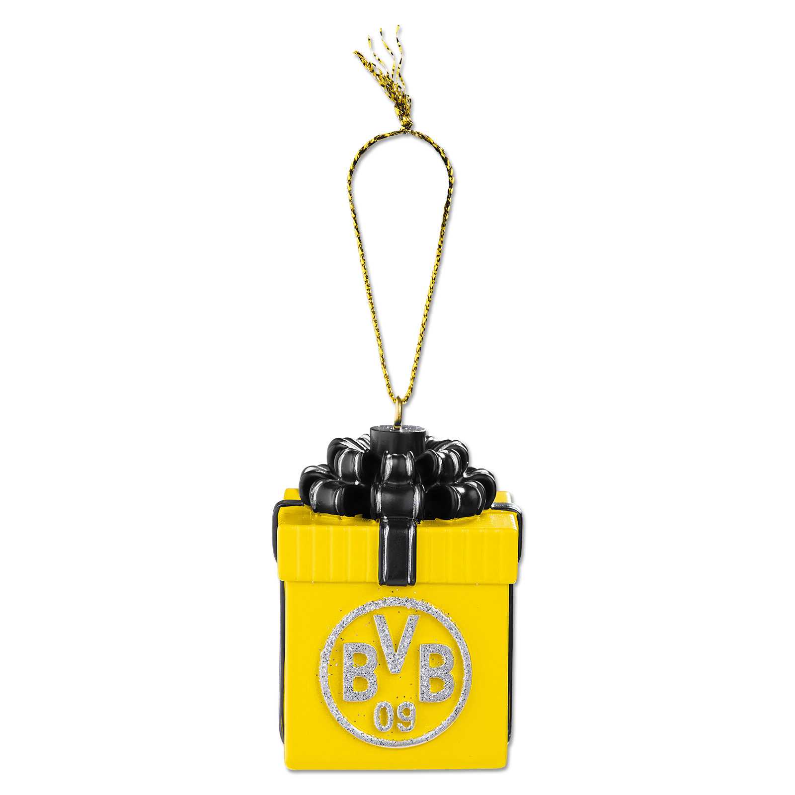 Frontansicht des BVB Weihnachtsbaumanhängers Geschenk in schwarzgelb, verziert mit einer schwarzen Schleife und dem silbernen BVB-Emblem auf der Vorderseite.