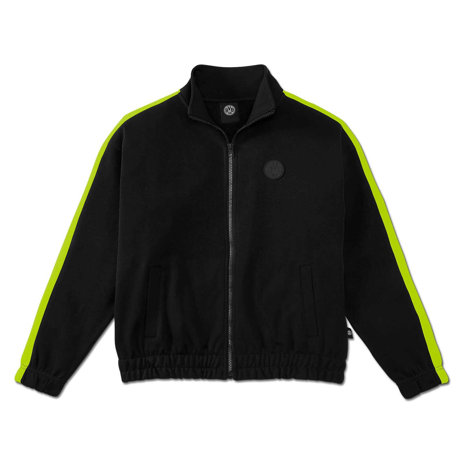 Vorderansicht der BVB Neon Sweatjacke Damen in schwarzgelb mit neonfarbenen Streifen an den Ärmeln und dezentem BVB-Emblem auf der Brust.