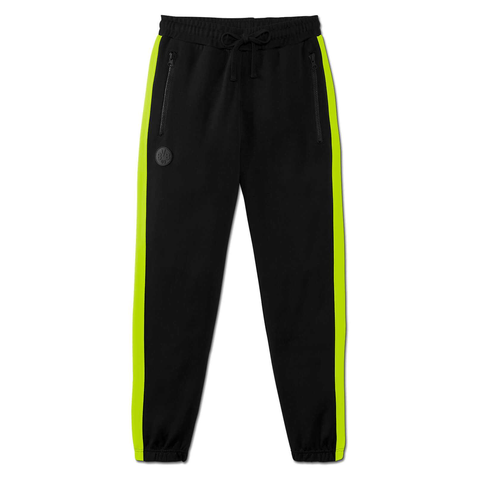 Vorderansicht der BVB Neon Sweatpants Damen in schwarzgelb mit neonfarbenen Seitenstreifen und schwarzem BVB-Emblem auf dem linken Bein.