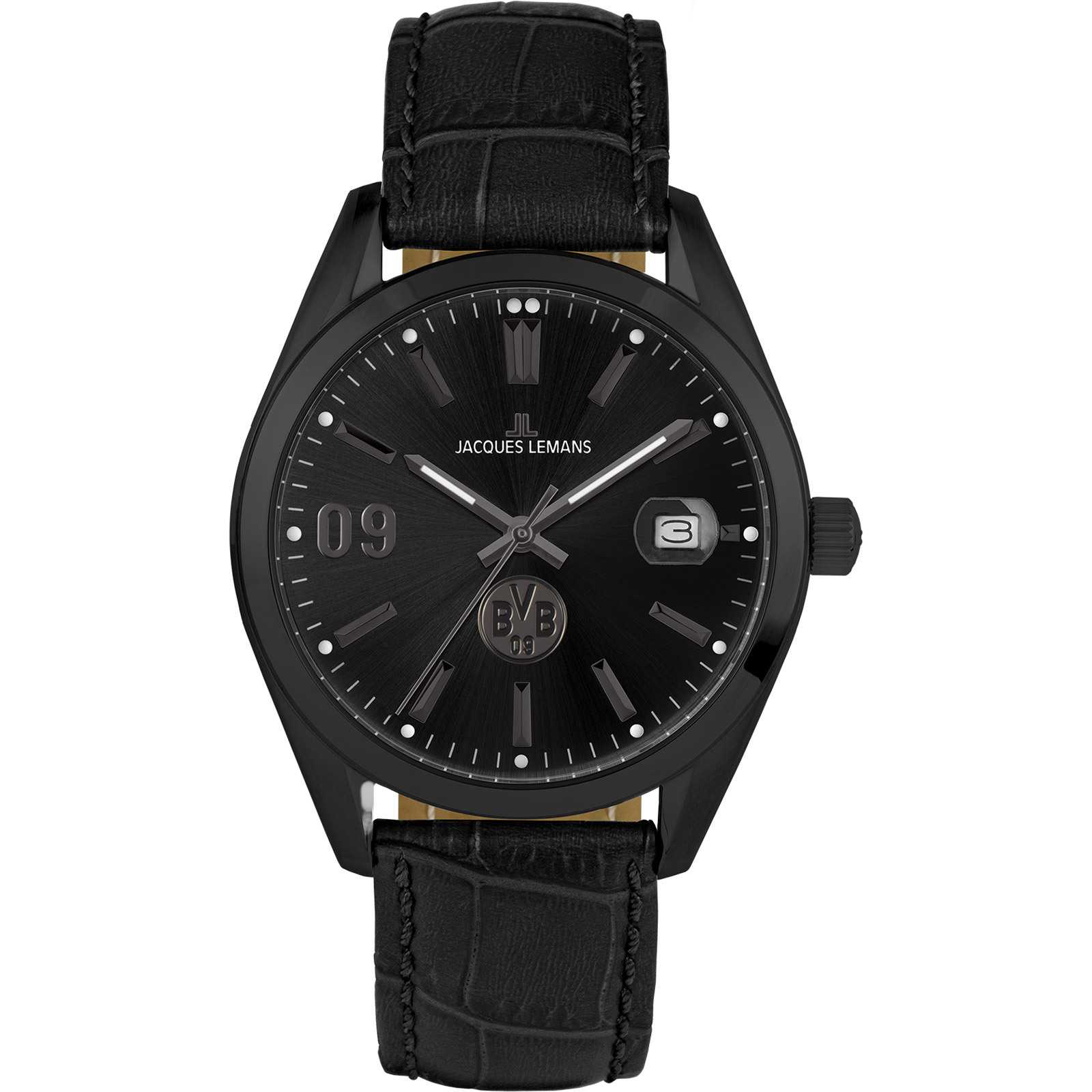 Frontansicht der BVB Uhr mit Lederband von Jacques Lemans in Schwarz, mit BVB-Emblem auf dem Zifferblatt und Jacques Lemans Schriftzug.