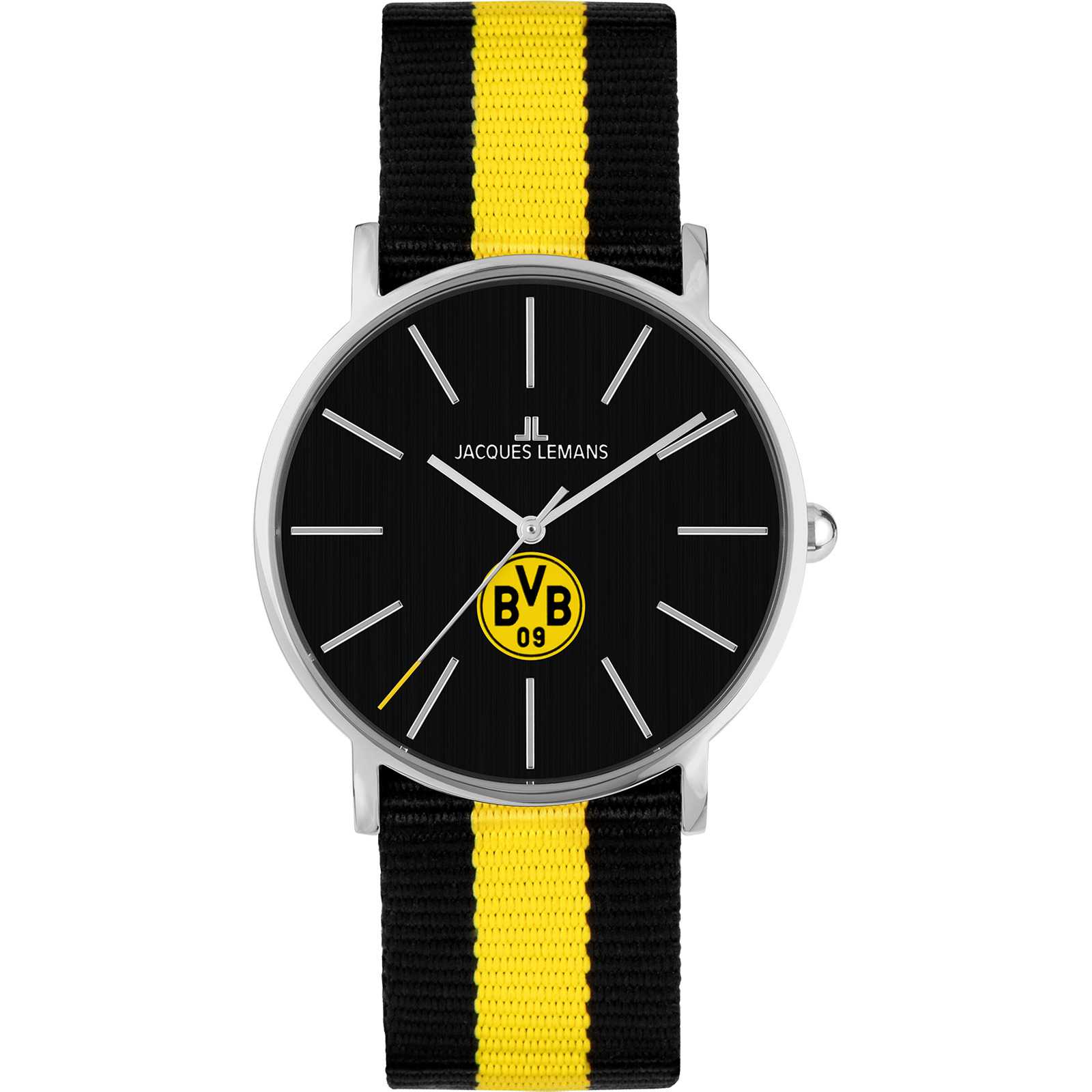 Frontansicht der BVB Uhr mit Nylonband von Jacques Lemans in schwarzgelb, schwarzes Zifferblatt mit BVB-Emblem und Jacques Lemans-Schriftzug.