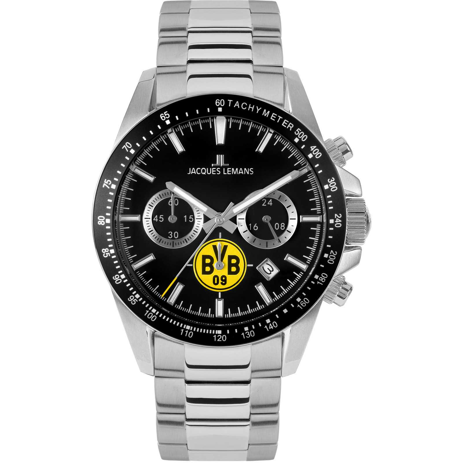 Frontansicht des BVB Chronograph mit Metallband von Jacques Lemans, schwarzes Zifferblatt mit BVB-Emblem in schwarzgelb und silbernem Gehäuse.