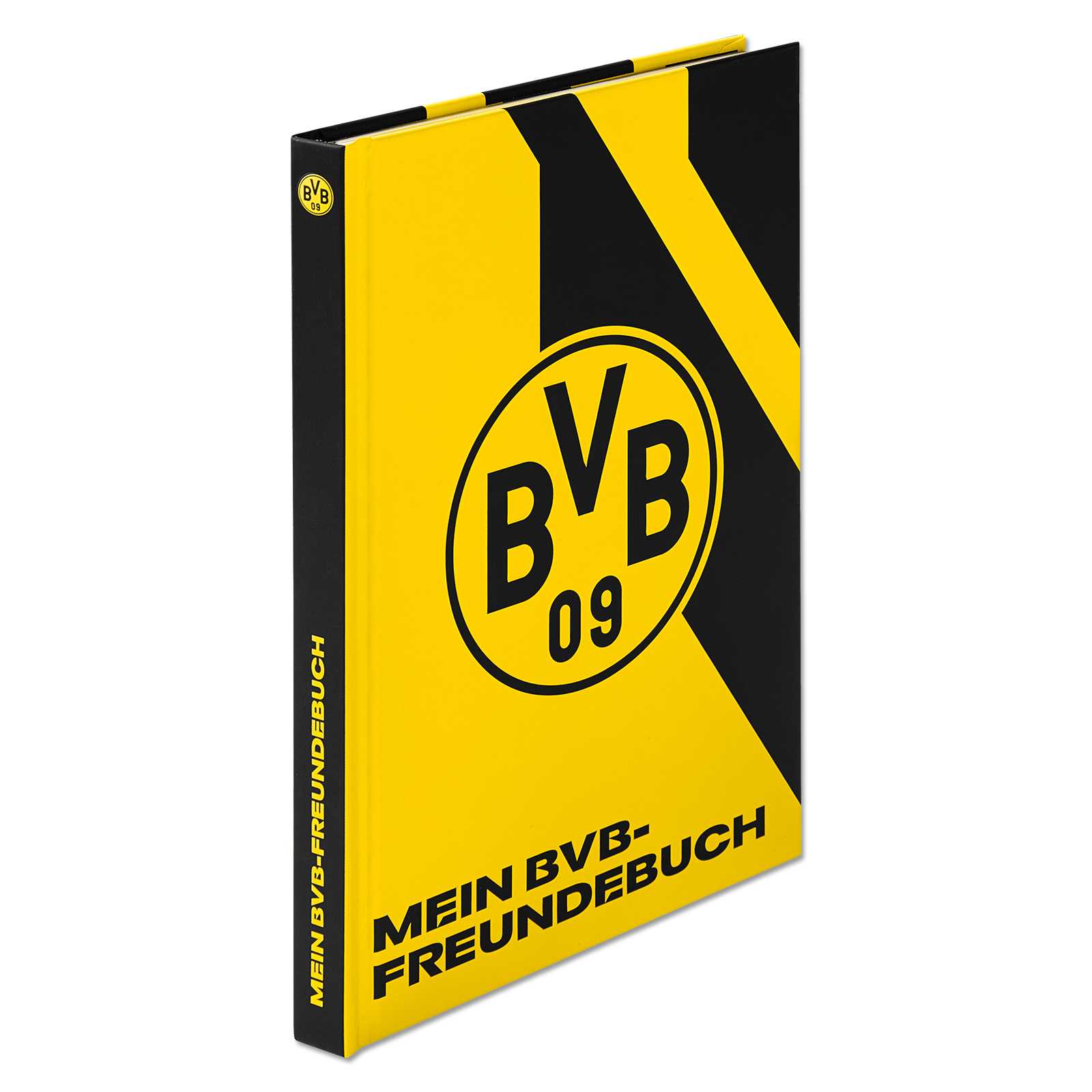 Schrägansicht des BVB Freundealbum 2024 mit schwarzgelbem Cover, großem BVB-Emblem und dem Aufdruck „Mein BVB-Freundebuch“ auf Vorderseite und Rücken.