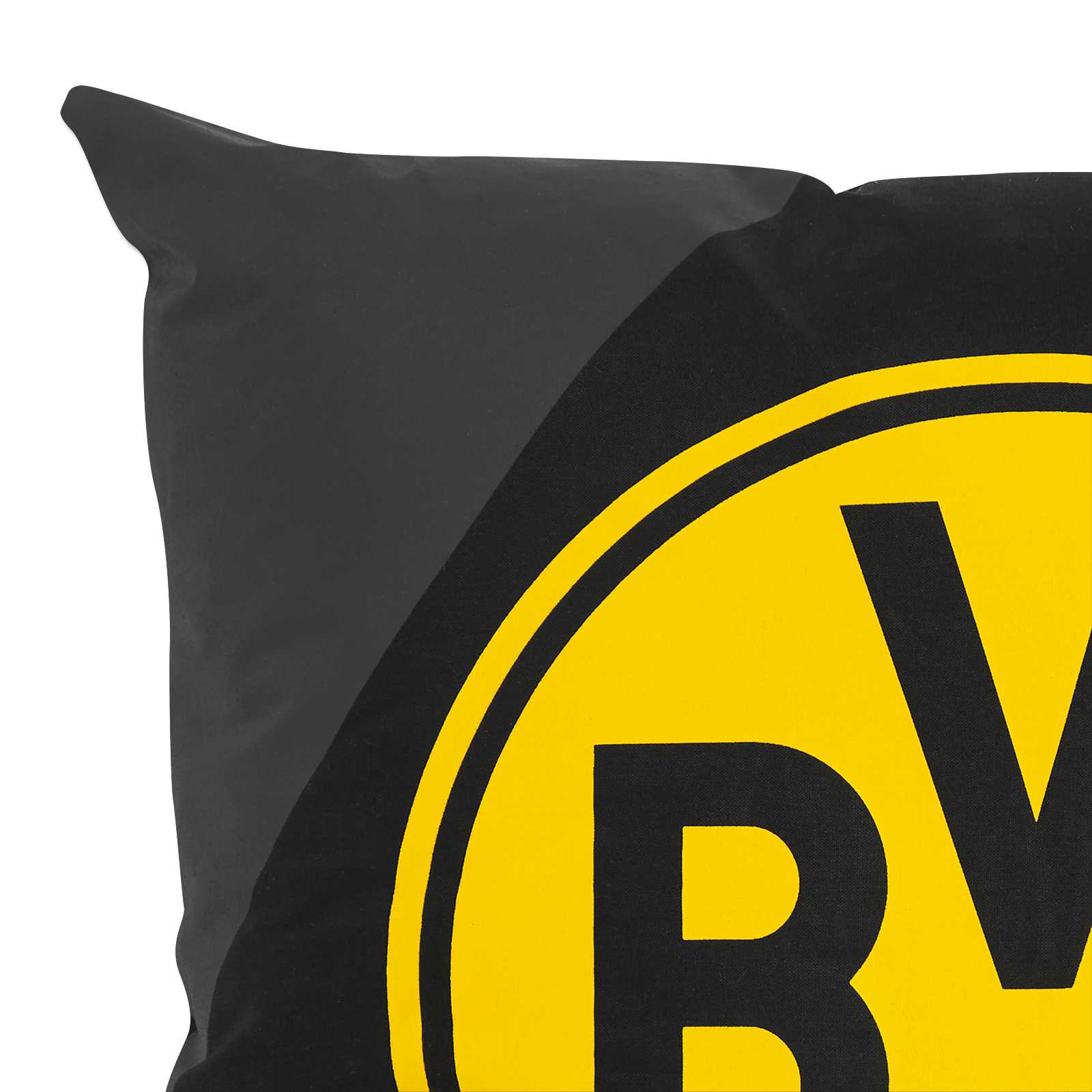 Detailansicht des BVB Kissens "Borussia" in schwarzgelb mit großem BVB-Emblem auf der Vorderseite.