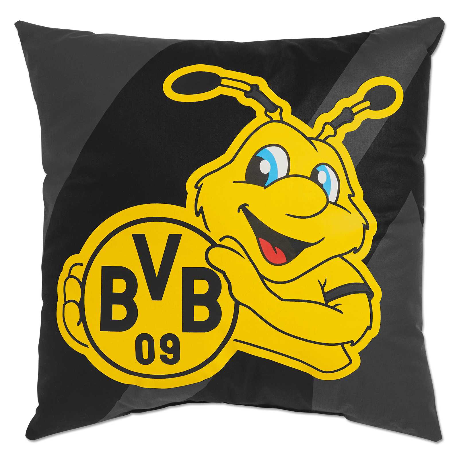Vorderansicht des schwarzgelben BVB Kissen EMMA mit großem EMMA-Maskottchen und BVB-Emblem prominent auf der Kissenoberfläche.