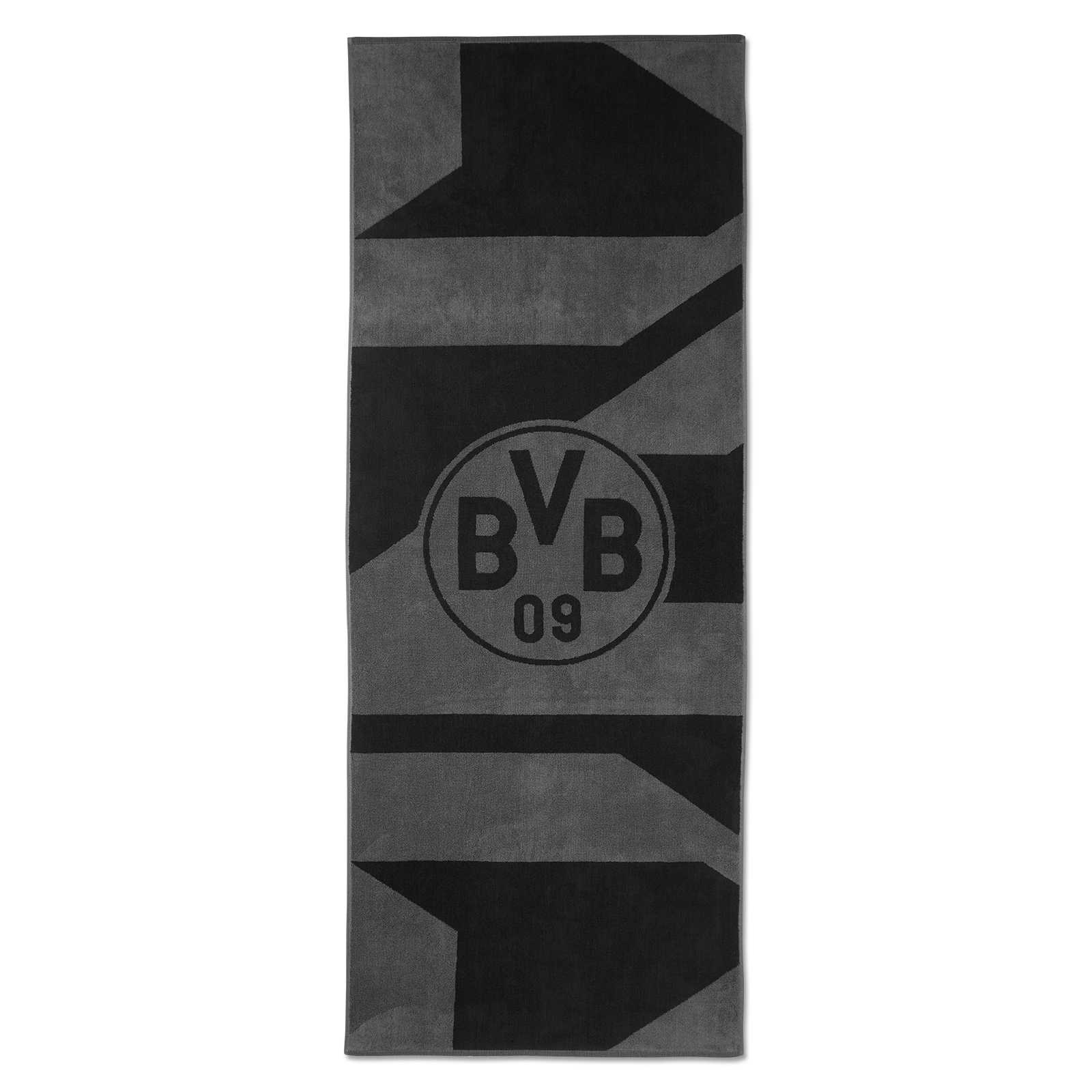 Vorderansicht des BVB Badetuchs grau/schwarz 70x180 cm mit großem BVB-Emblem und abstraktem Muster in den Farbtönen grau und schwarz.