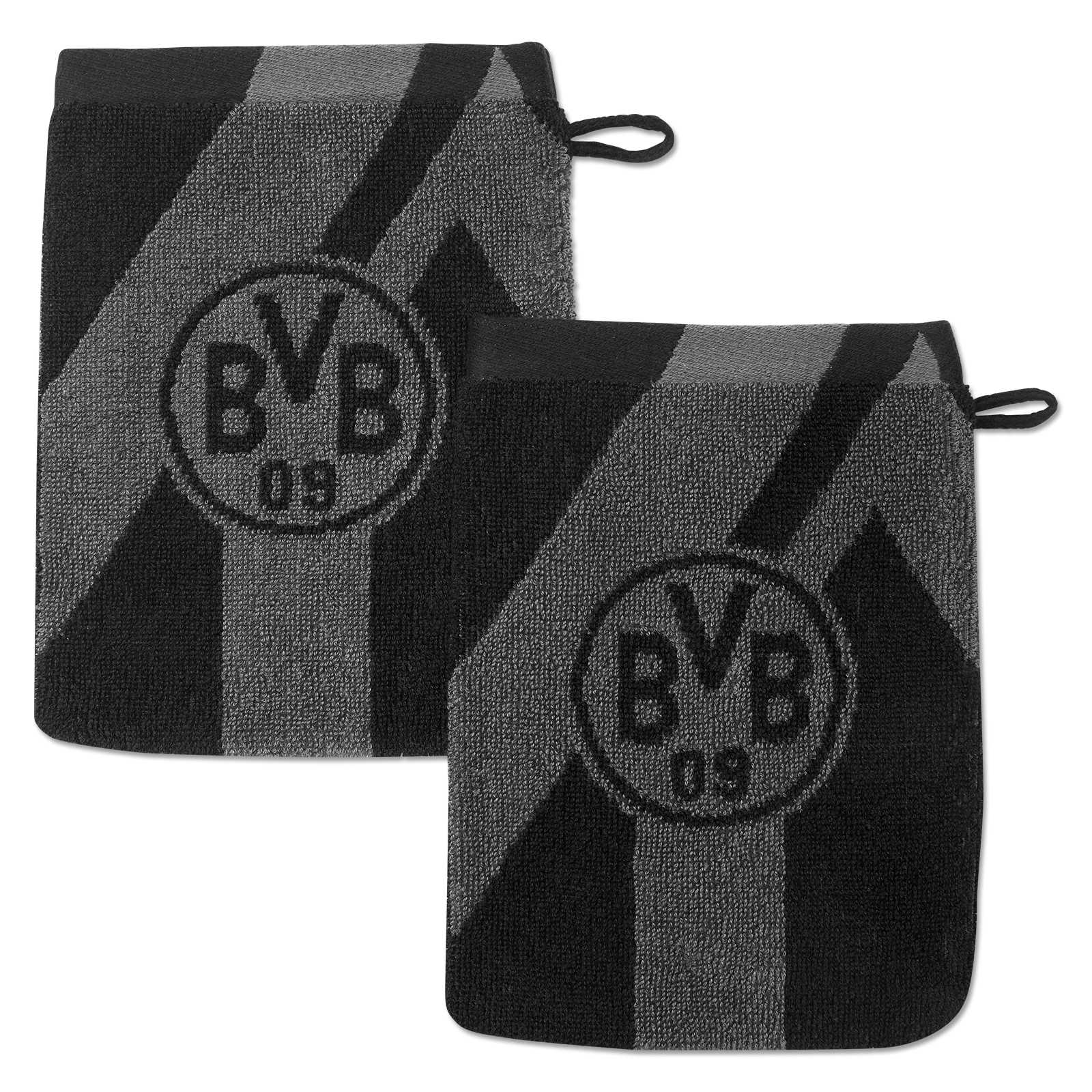 Vorderansicht des BVB Waschhandschuh grau/schwarz 2er Set mit grauen und schwarzen Streifen und mittig platziertem BVB-Emblem auf beiden Handschuhen.