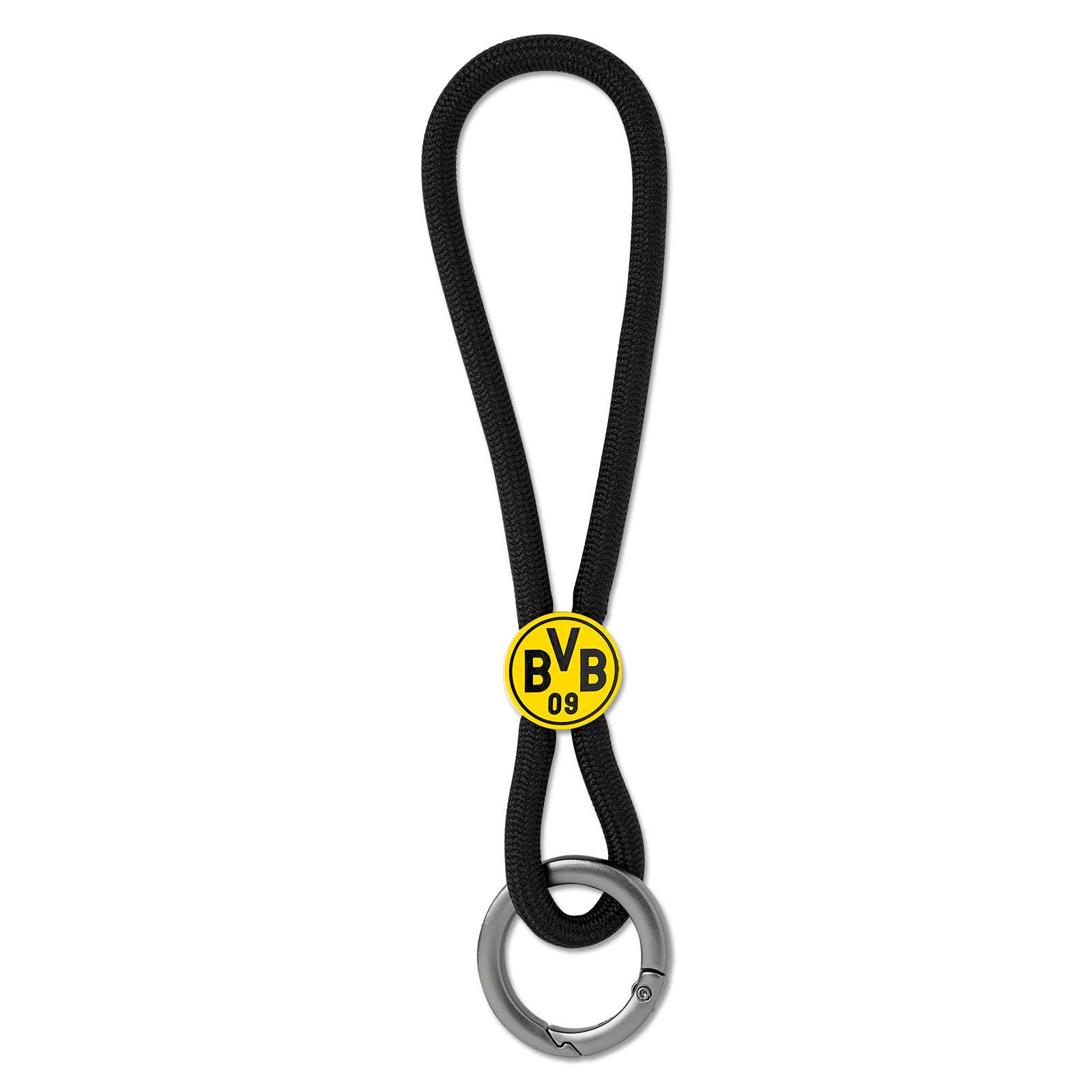 Frontalansicht des BVB Schlüsselanhänger MBRC mit schwarzer Schlaufe, silbernem Ring und gelbem BVB-Emblem in der Mitte.